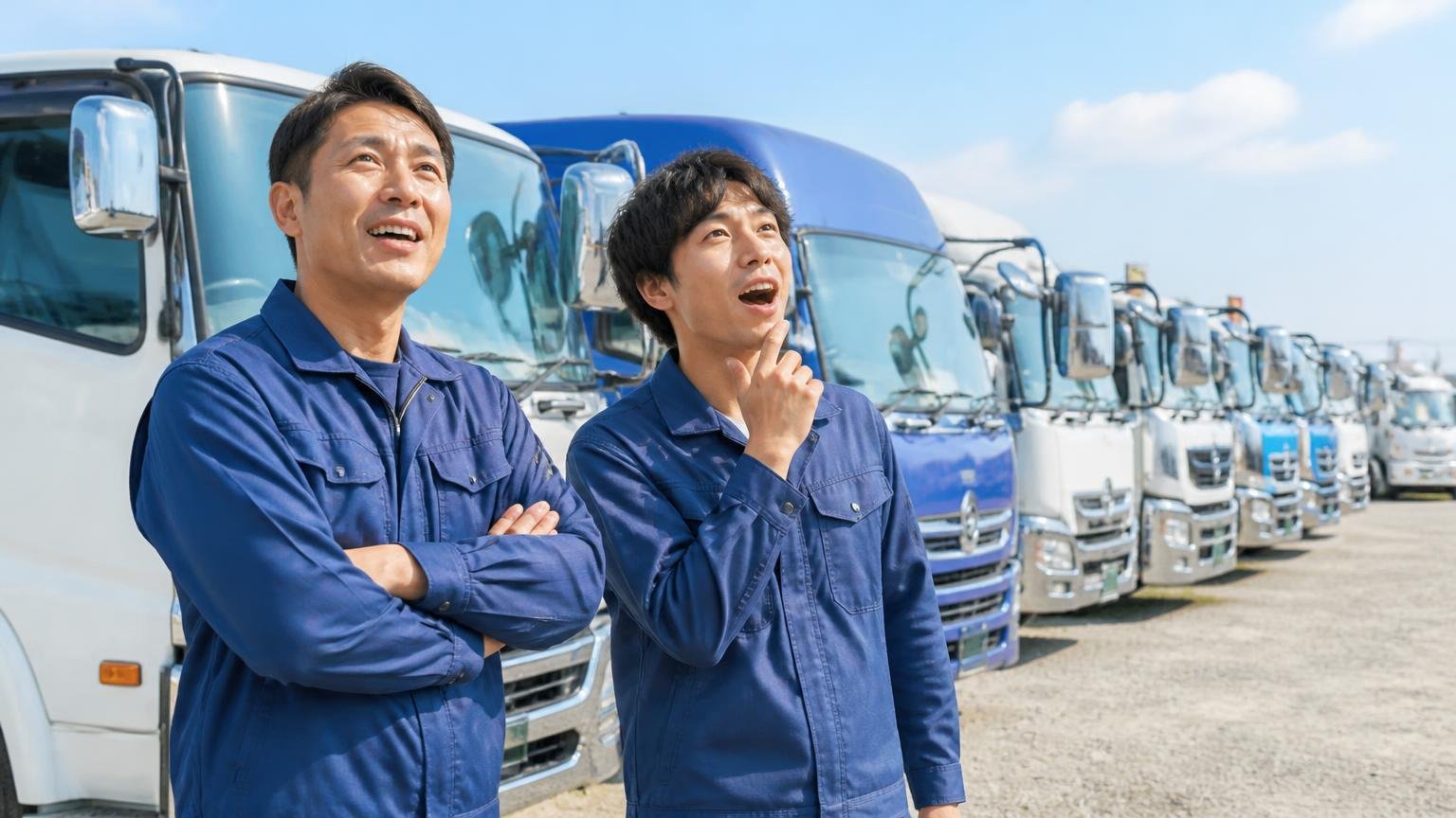 創立55年目・資本金5000万円・拠点4か所という事実。中古トラックが並ぶ展示場を見渡す作業着の男性2人が感心する場面