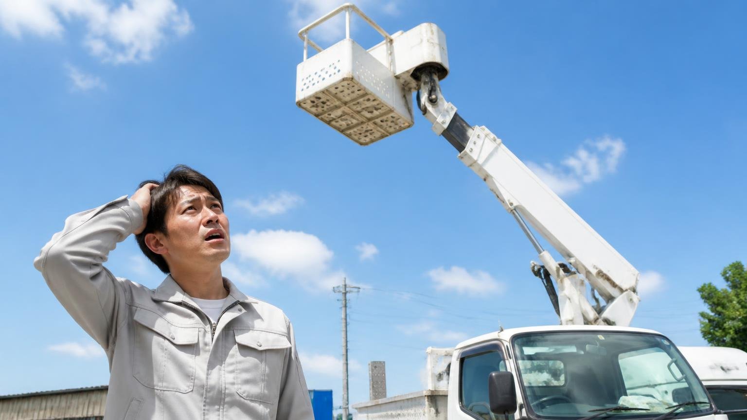 現車を見ずに買って架装が動かなかったという声 屋外で高所作業車のブームを見上げて困惑する作業着の男性1人