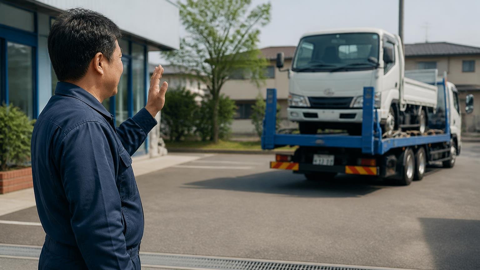 唯一の「売った人」の声:車を手放すときの対応 営業所の前で積車に載せられるトラックを見送る男性1人