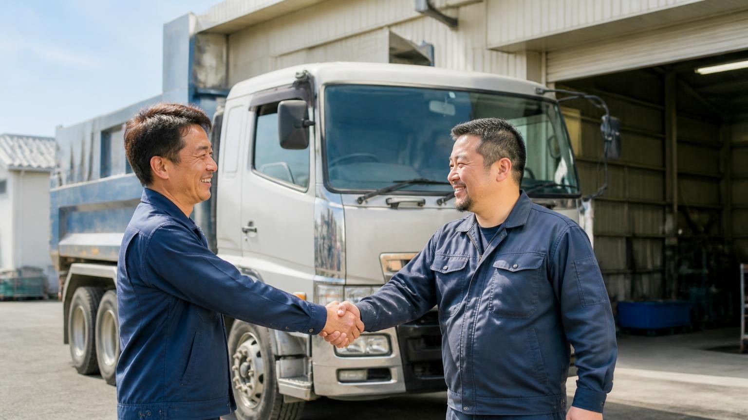 向いている人は関東・仙台・沖縄の事業者。営業所の車庫に停まったダンプの前で作業着の男性2人が握手する