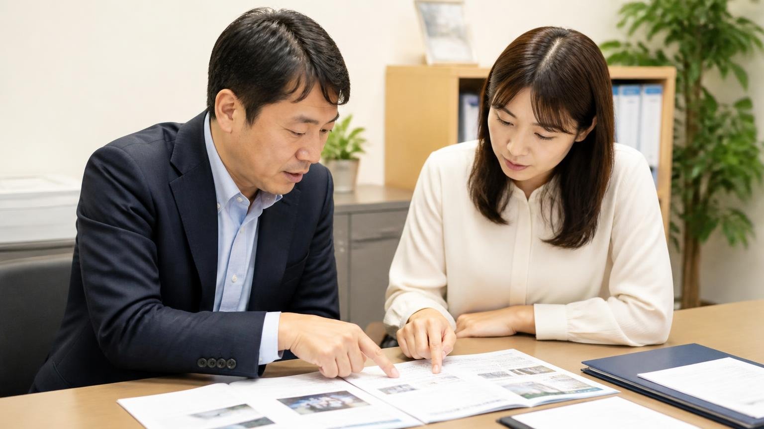 会社概要と古物商許可番号は公開されている／事務所の机で会社案内の書類を確認する2人／指でなぞりながら確認