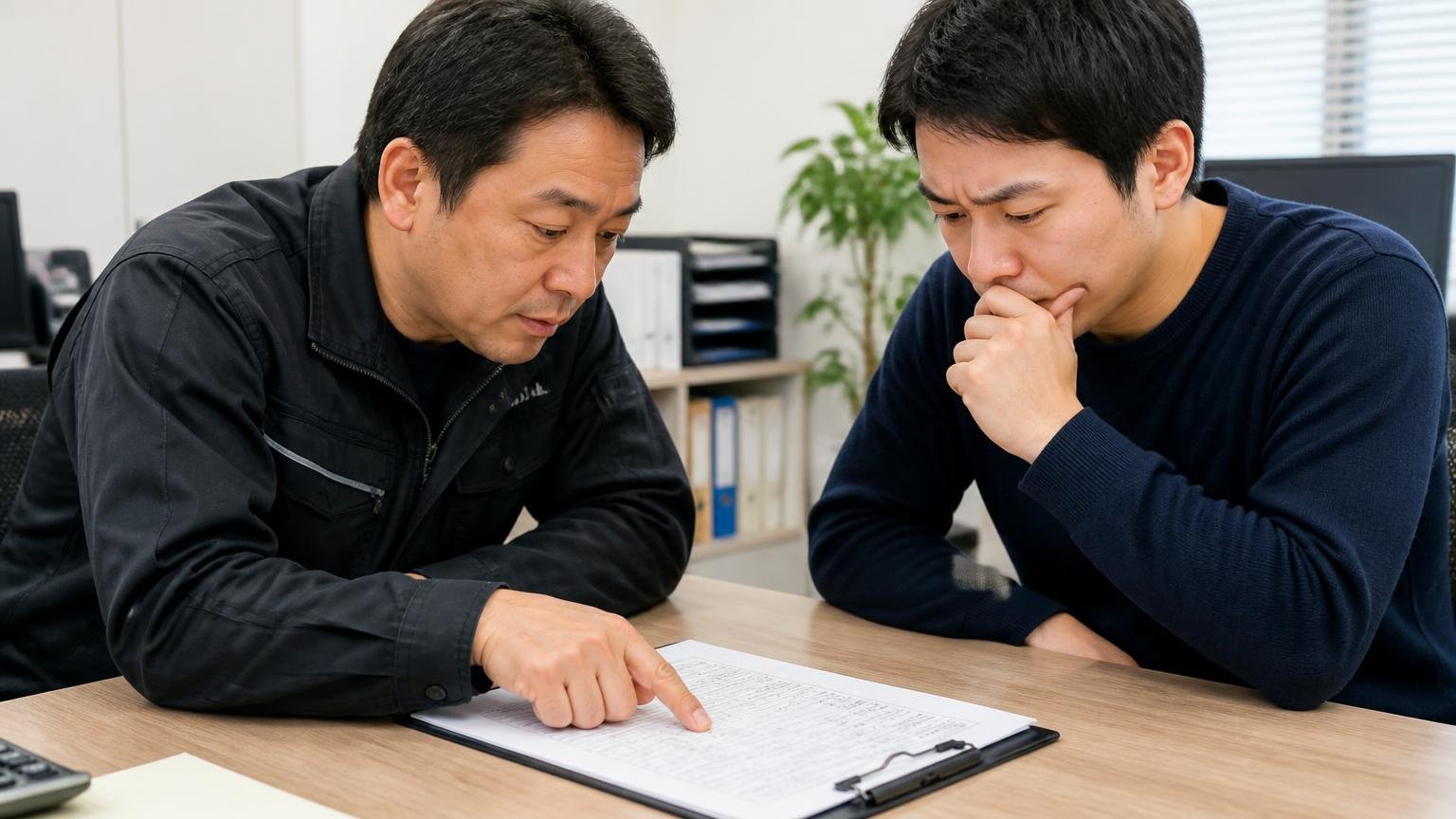たった1件だけあった買取下取りへの不満を丁寧に読む 事務所の机で下取り見積書を指でなぞりながら説明する場面 男性2人 真剣に確認する表情