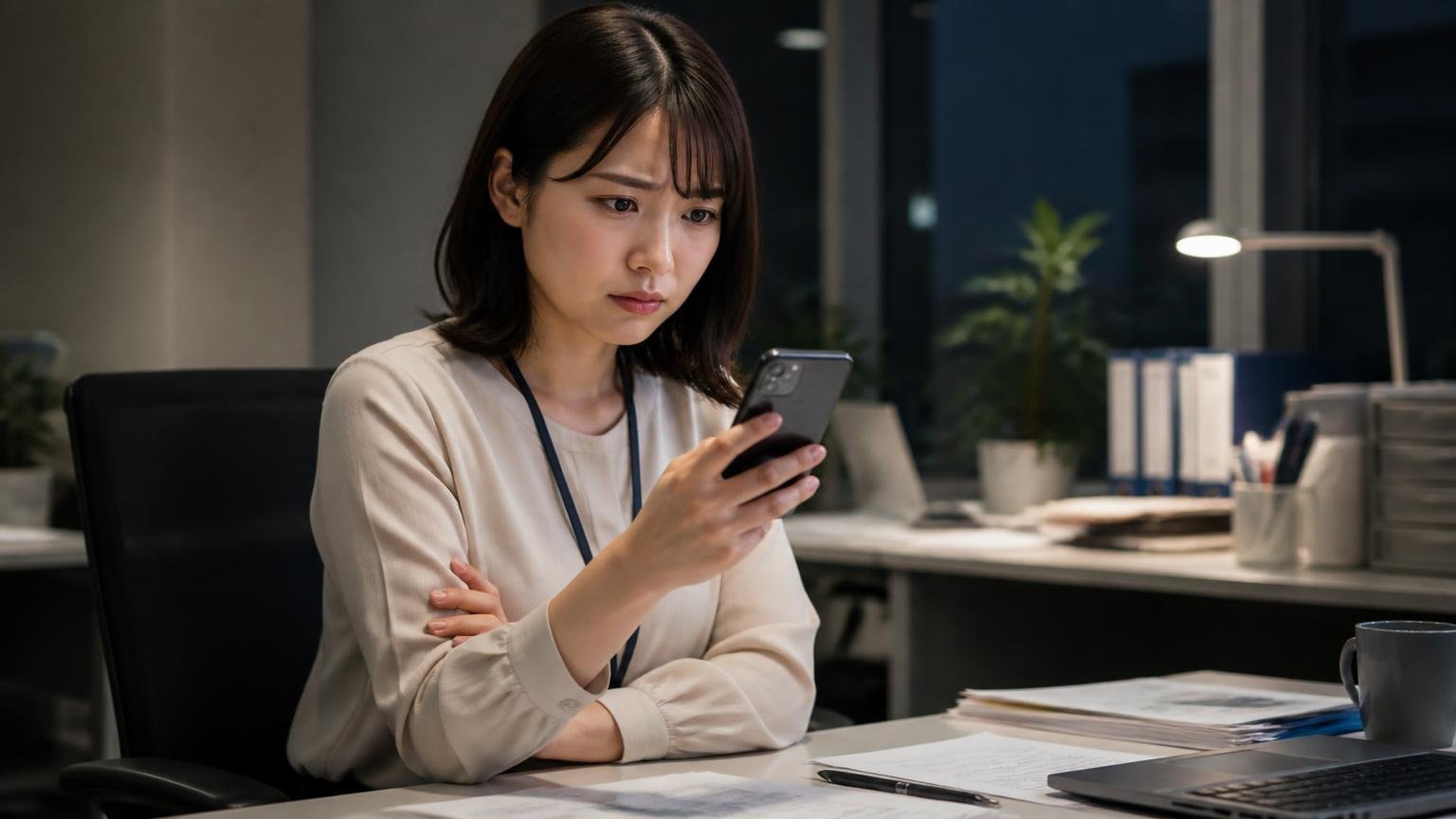 ★3以下の投稿はゼロだが安心とは言えない・夜の事務所でスマホを見る女性1人が腕を組む
