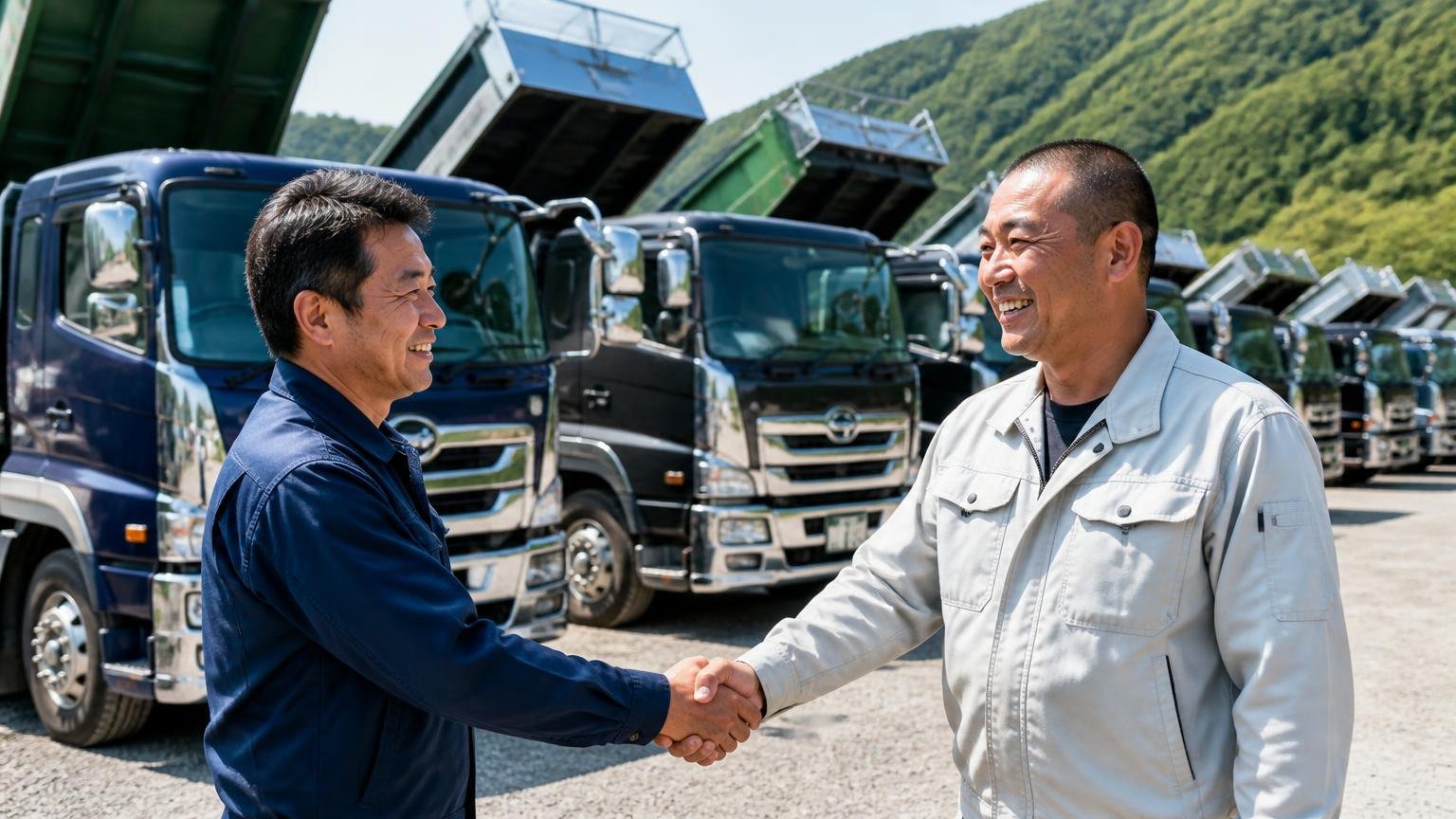 向いている人:大型ダンプやトレーラーを岡山周辺で手放す人 山あいの展示場に並ぶ大型ダンプの前で男性2人が笑顔で握手する