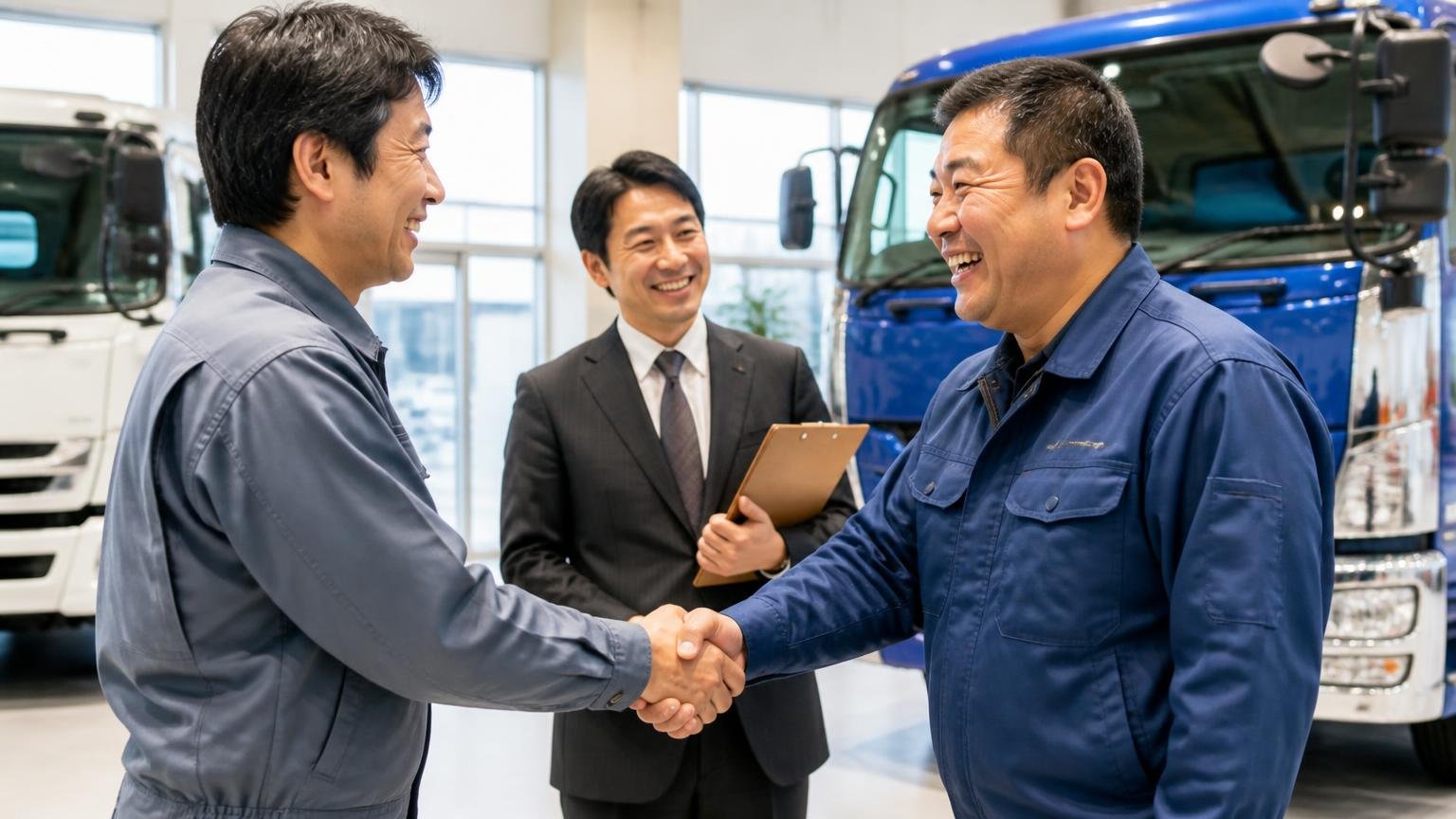 向いている人：近場で顔を合わせて相談したい人、販売や整備もまとめて任せたい人 展示場でスタッフと握手する運送会社の男性2人が笑顔