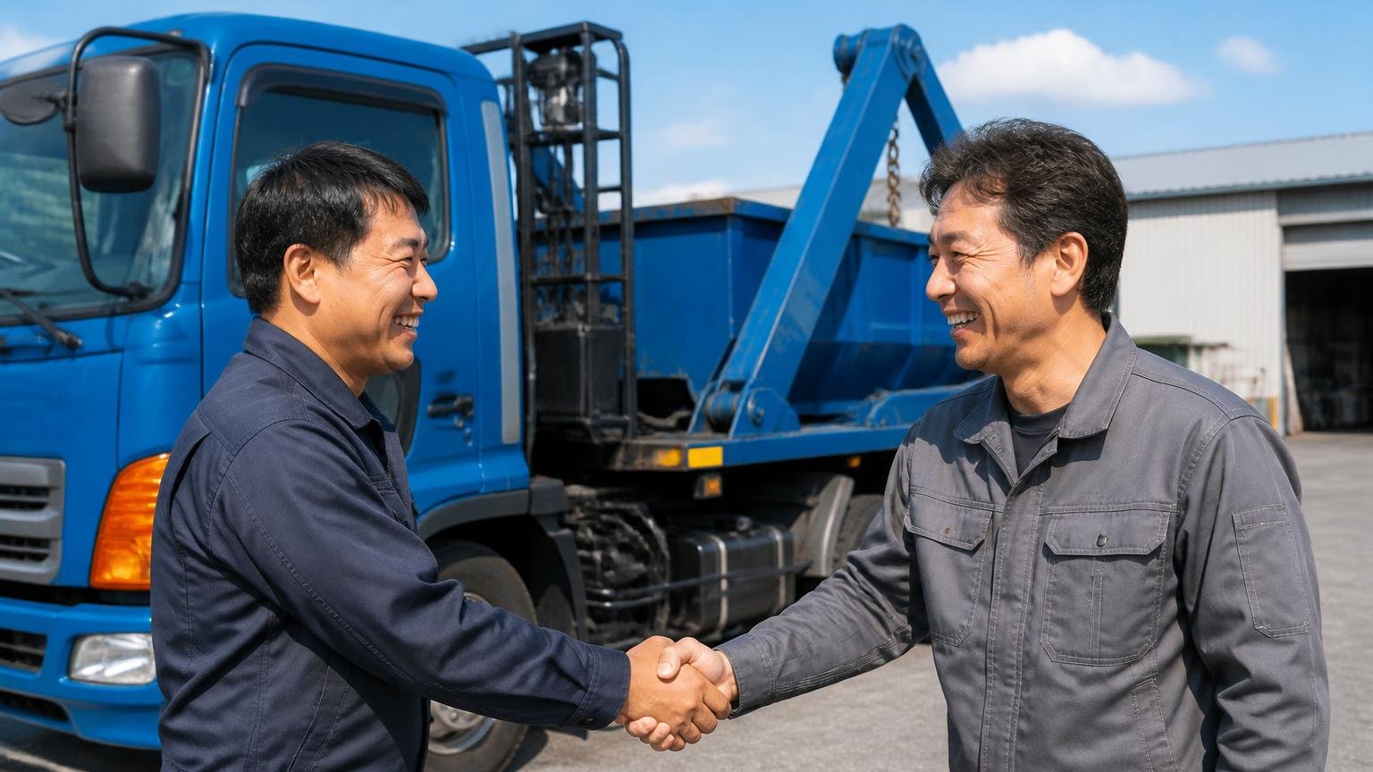向いている人:群馬周辺で特装車や整備の相談もしたい人 アームロール車の前で握手する作業着の男性2人、満面の笑顔