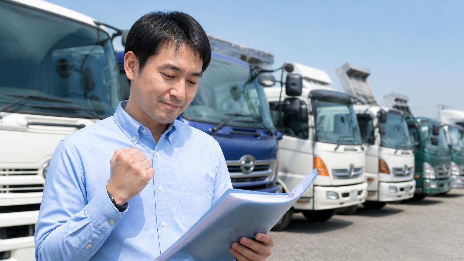 1978年創業・古物商許可・指定民間車検場|公開情報で分かること 中古トラックが並ぶ展示場の前で資料を確認する男性1人、納得の表情