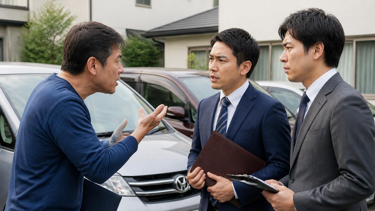 査定額そのものへの不満という売った人の声、自宅の駐車場に複数の査定担当者が並ぶ屋外で男性3人が険しい表情で向き合う