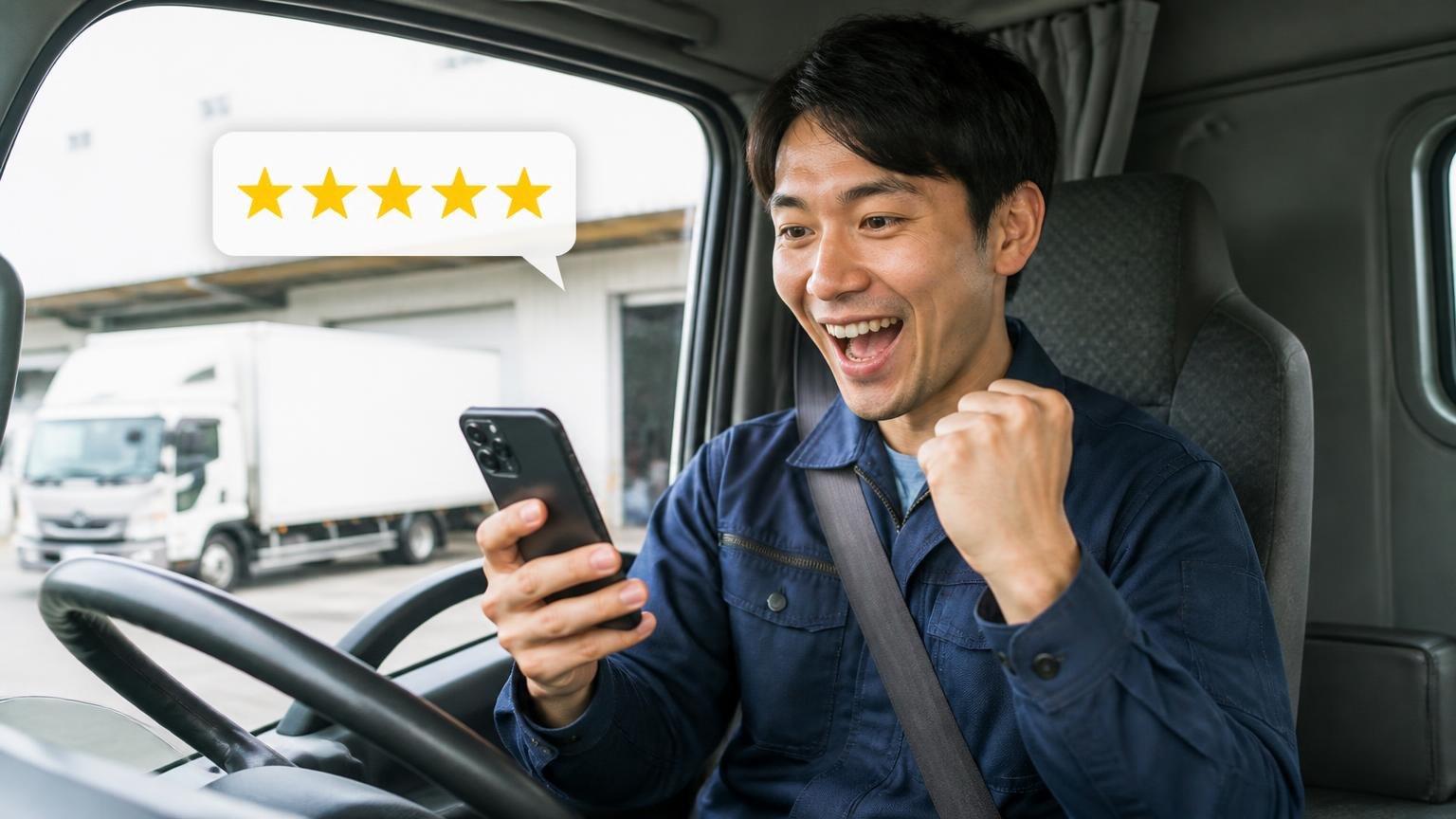 パターン1|★の数だけで「ここなら安心」と決める。トラックの運転席で若い男性1人がスマホの星評価を見てガッツポーズする