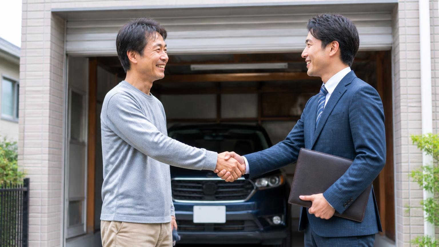 「対応が良かった」だけで1社に決めてしまう 車庫の前で、男性1人が営業マン1人と笑顔で握手し即決している