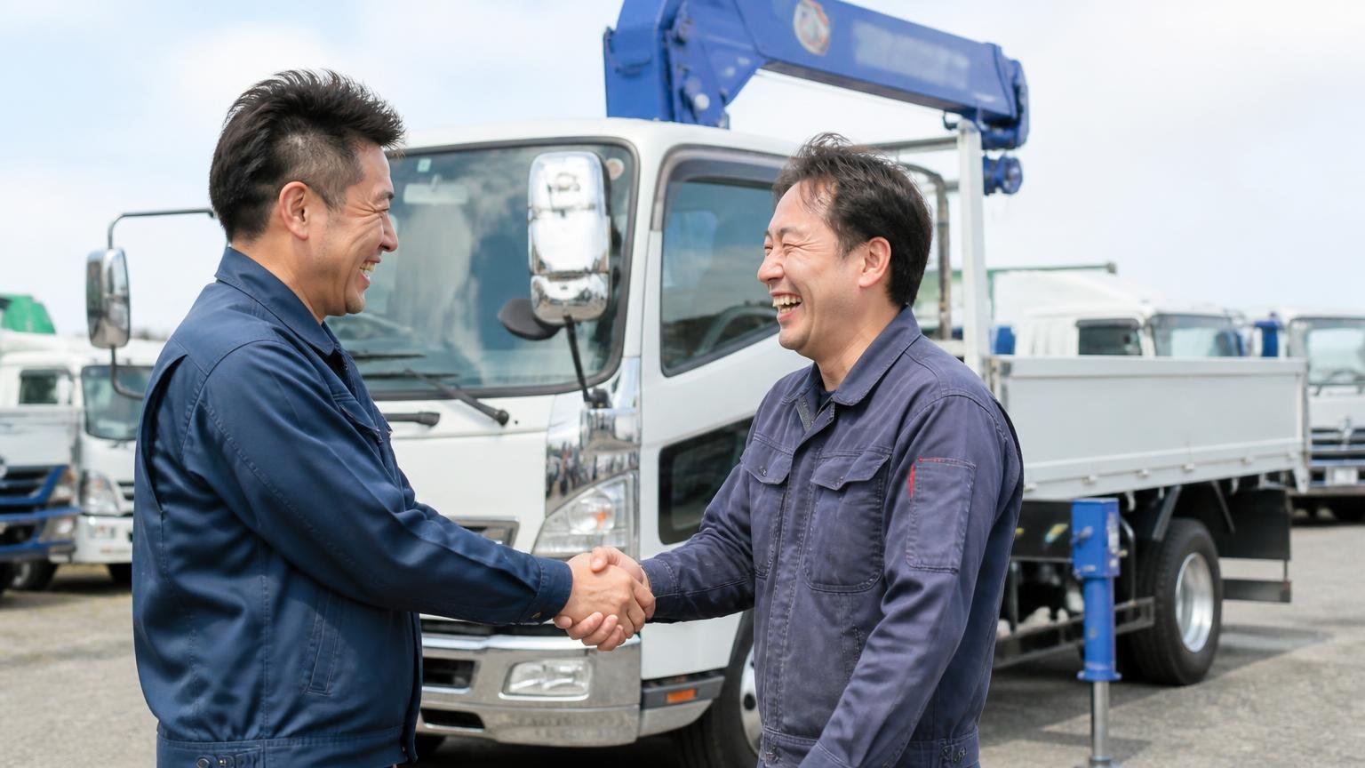 向いている人｜浜松近郊で特装車を手放す人、販売や整備までまとめて頼みたい人、展示場でクレーン付きトラックの前で笑顔で握手する作業着の男性2人