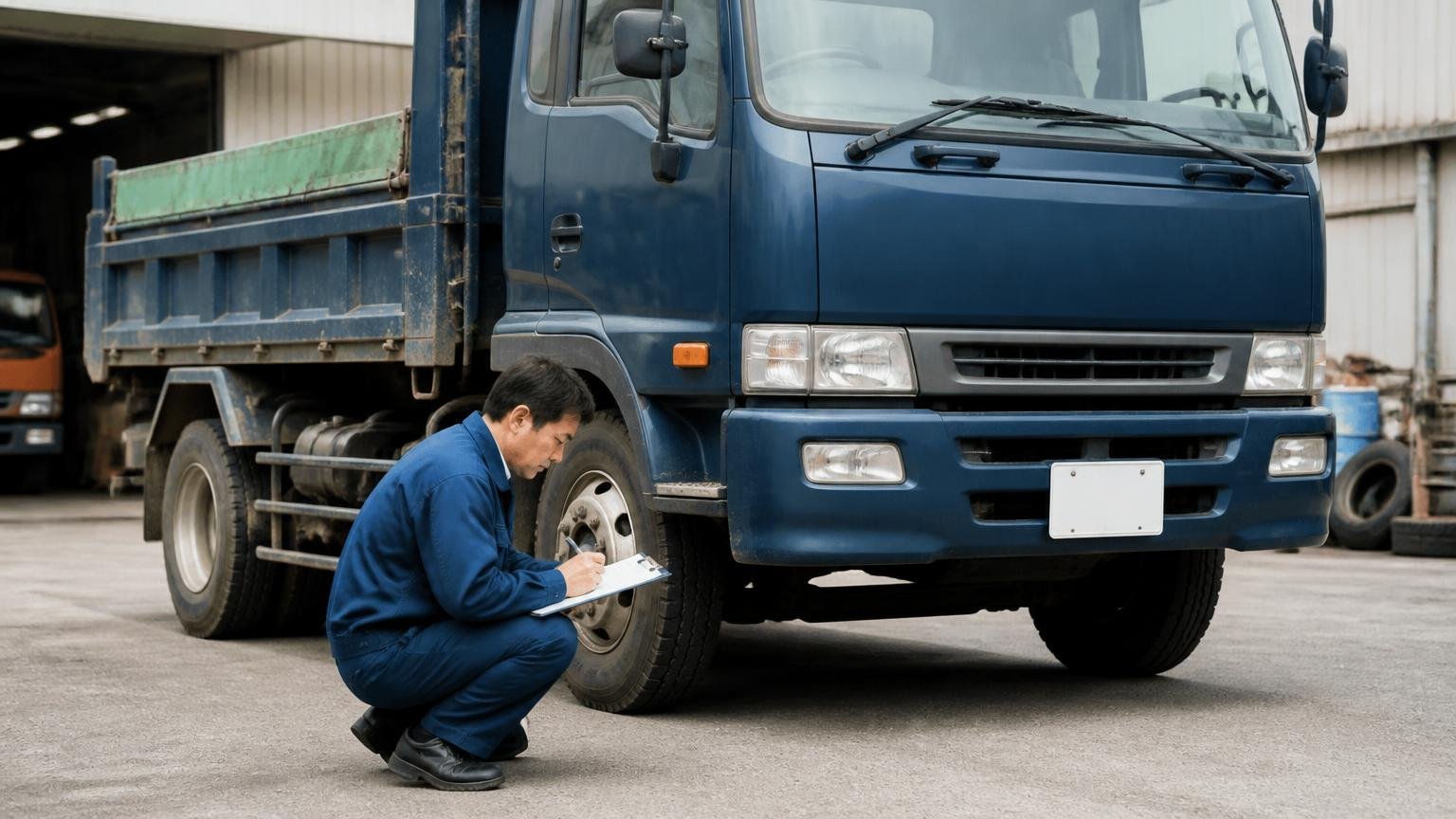 公式サイトに明記された買取条件の早見表|査定無料・1台10〜15分・新潟県内・出張費負担、営業所の車庫で4tダンプの前にしゃがみ査定シートに書き込む男性1人