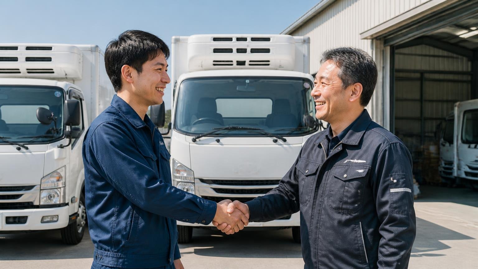 北摂で顔の見える相手に頼みたい人や冷凍車を入替する人に向く、営業所の車庫で冷凍車の前で握手する作業着の男性2人、笑顔