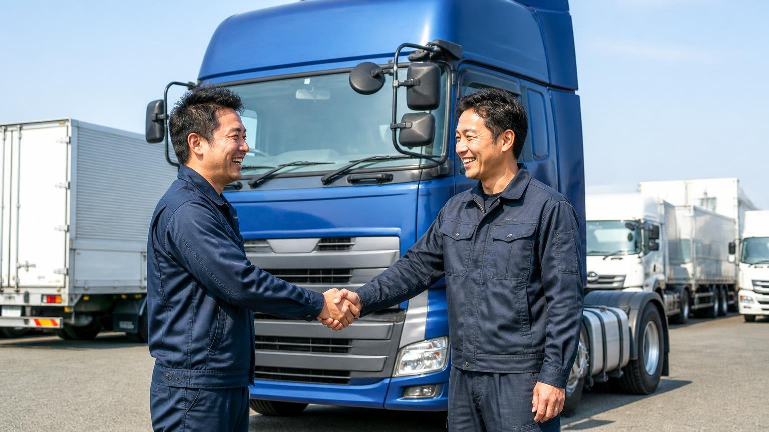 向いている人|愛知県西部でウイング・トラクタ・トレーラーを手放す人、展示場でトラクタの前で笑顔で握手する作業着の男性2人