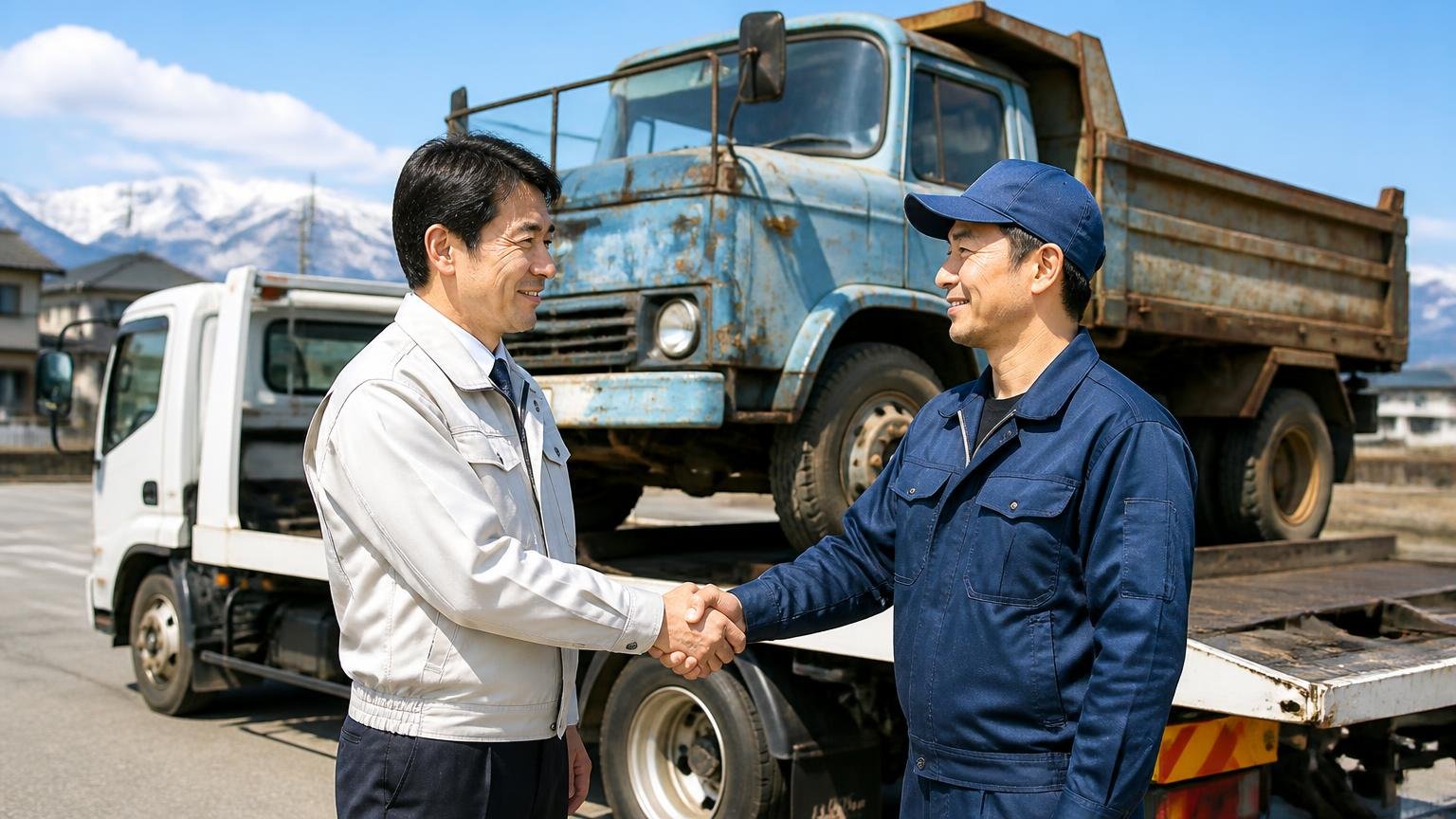 向いている人｜不動車・事故車・造りボディを富山で対面で相談したい。積車に載せられる古いダンプの前で担当者と握手する運送会社の男性1人