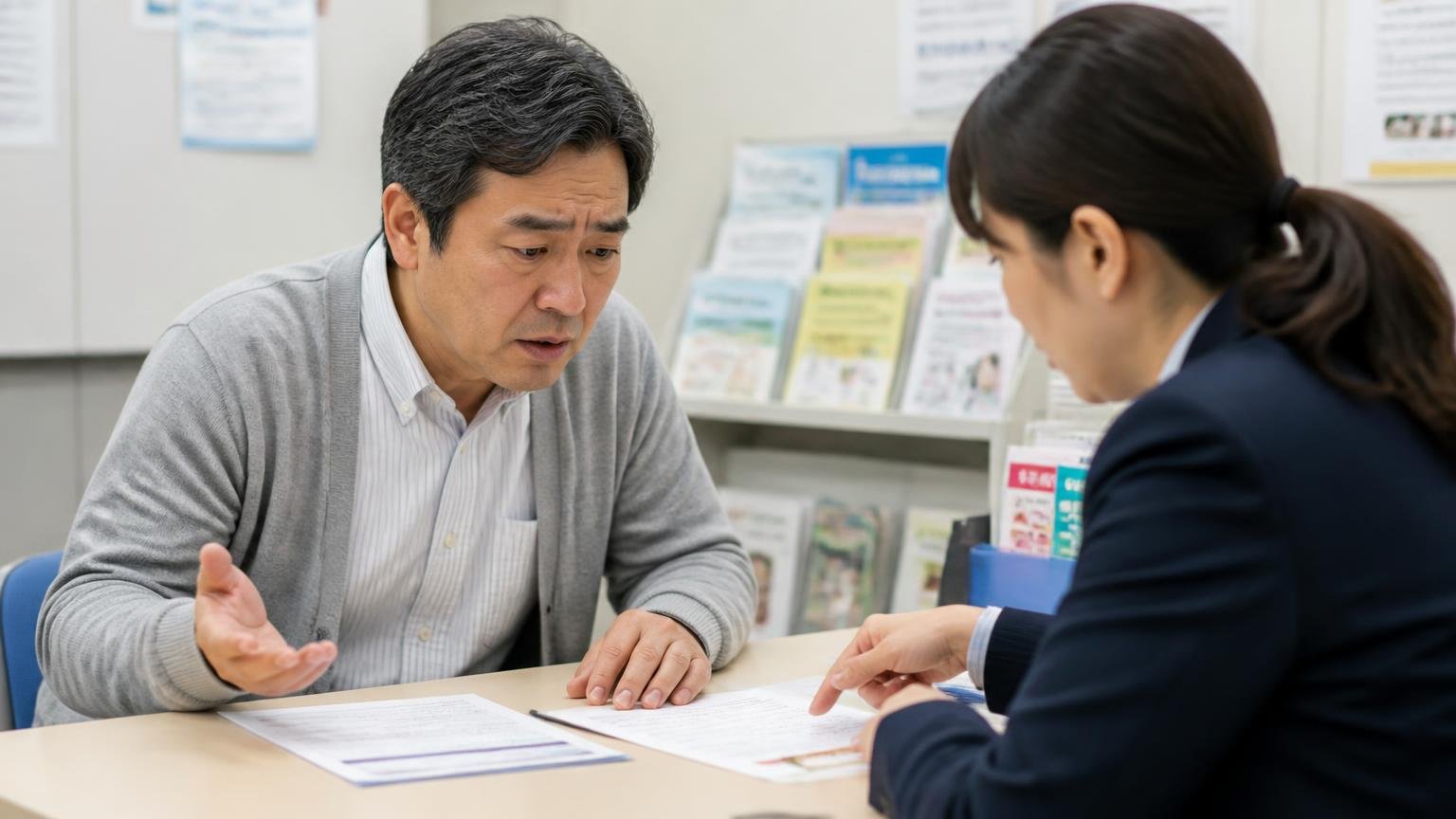 売却トラブルの相談件数が増加、消費生活センターの相談窓口で書類を前に深刻な表情で話す中年男性1人と相談員の女性1人