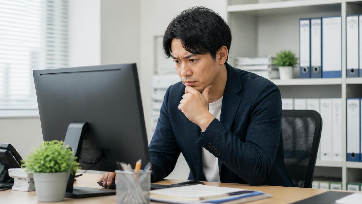 ウシトラの会社概要と確認できる事実 事務所のパソコン前 男性1人 会社情報の画面を真剣に確認する