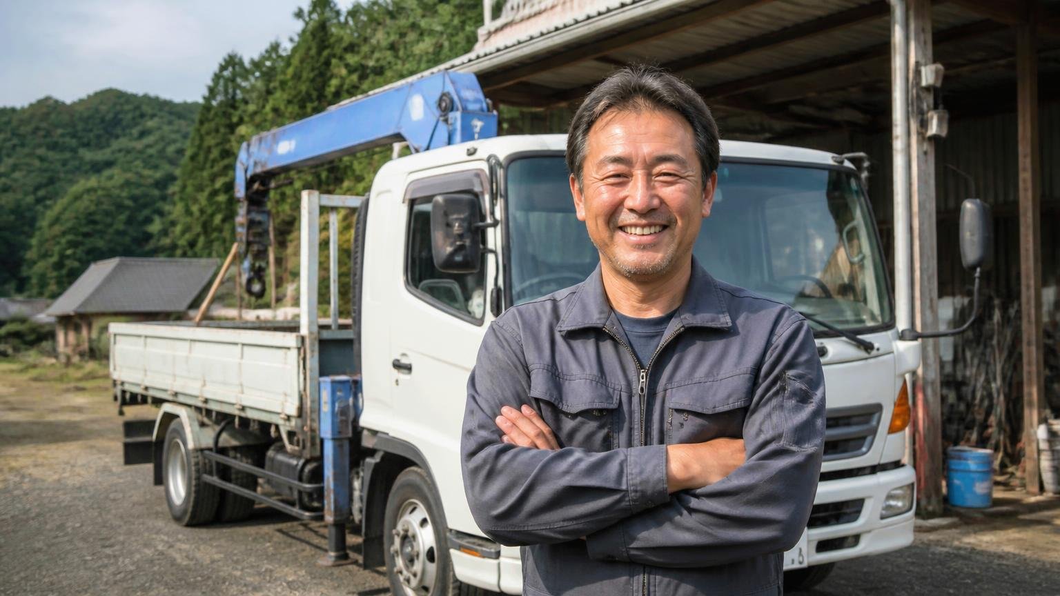 向いている人｜四国4県で出張査定を無料で受けたい・不動車や特殊車両がある・地場で顔の見える相手がいい 田舎の車庫でユニック車の前に立つ経営者1人が笑顔