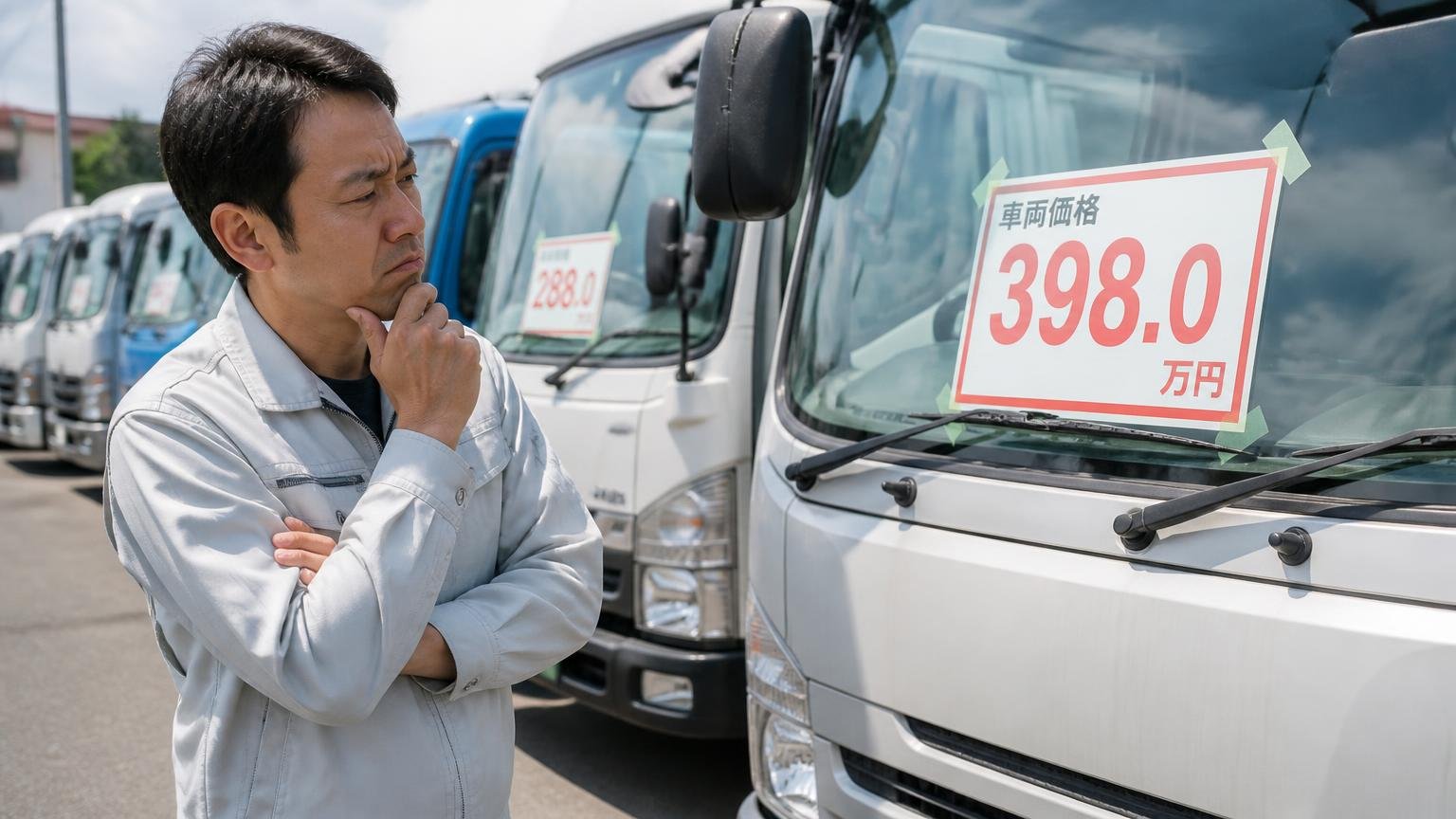 価格は地元ではとにかく高いと評判|中古トラック展示場で値札を見て眉をひそめる作業着の男性1人