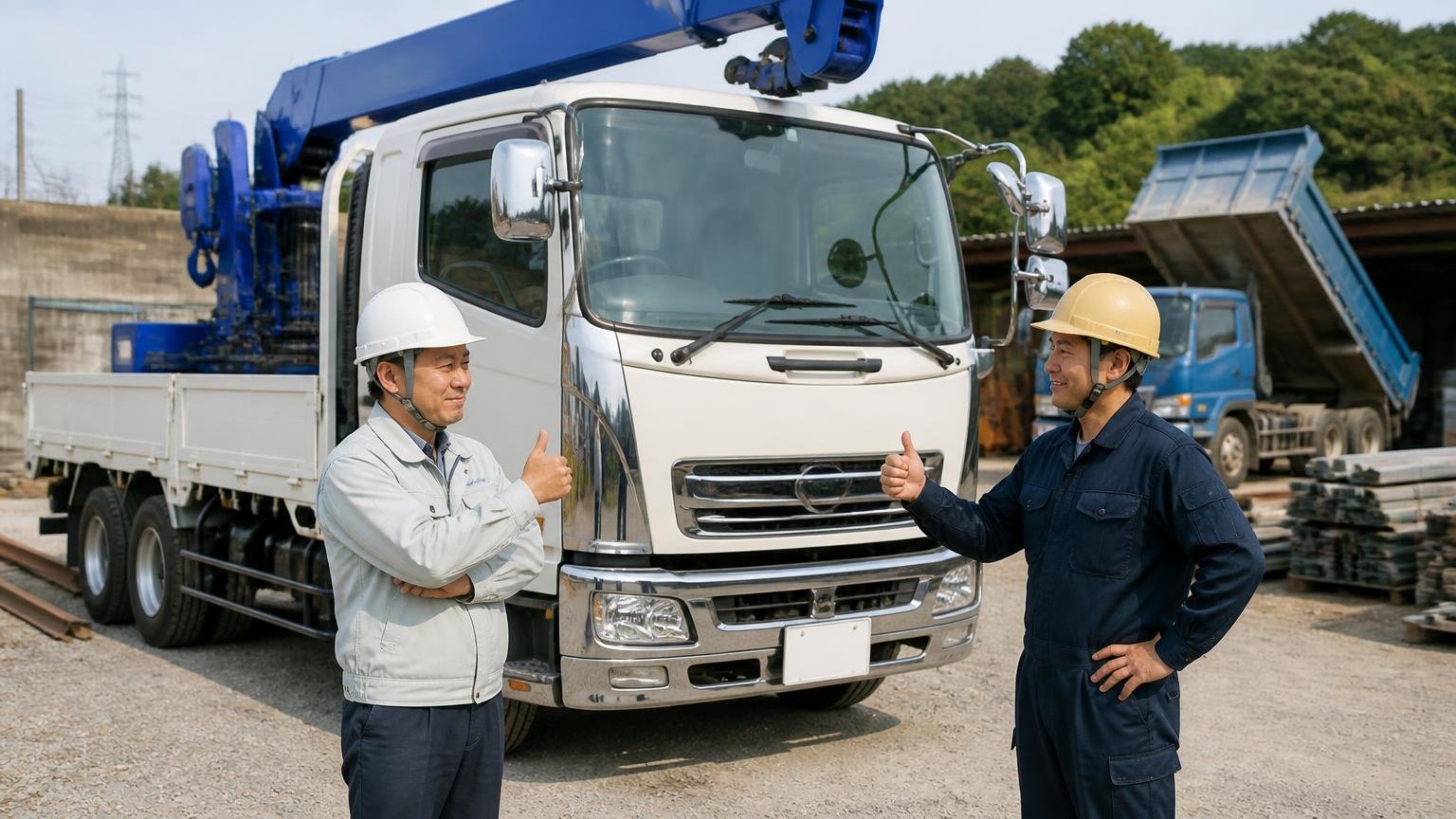 向いている人｜クレーン付き・ダンプ・車載車を九州北部で手放す人。建設会社の資材置き場でクレーン付きトラックの前に立ち、うなずく作業着の男性2人