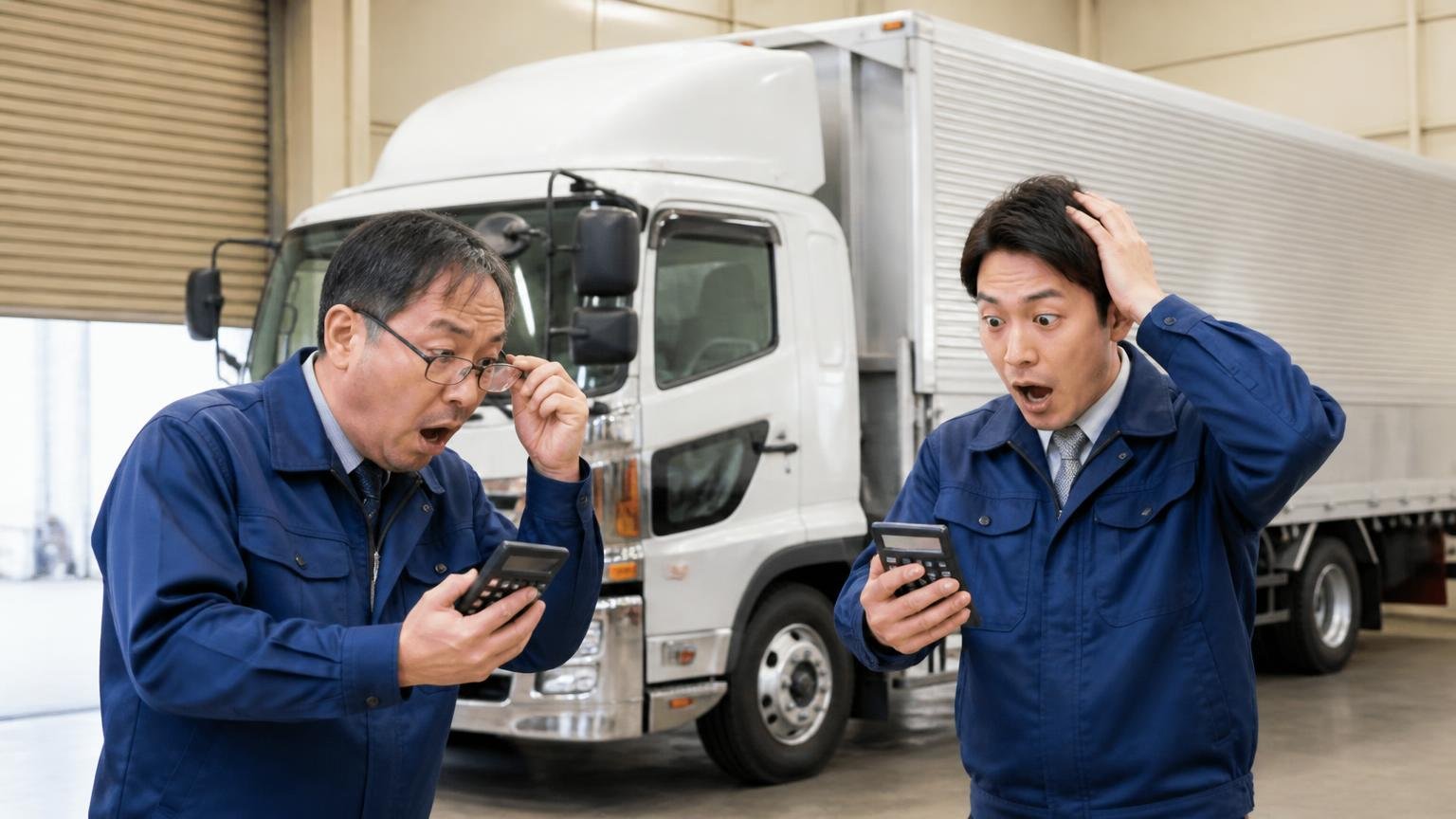 査定協会も「査定価格は各社ごとに異なる」と説明している 車庫で同じ4tウイングを別々に査定する査定士2人が電卓を見ながら違う数字に驚く