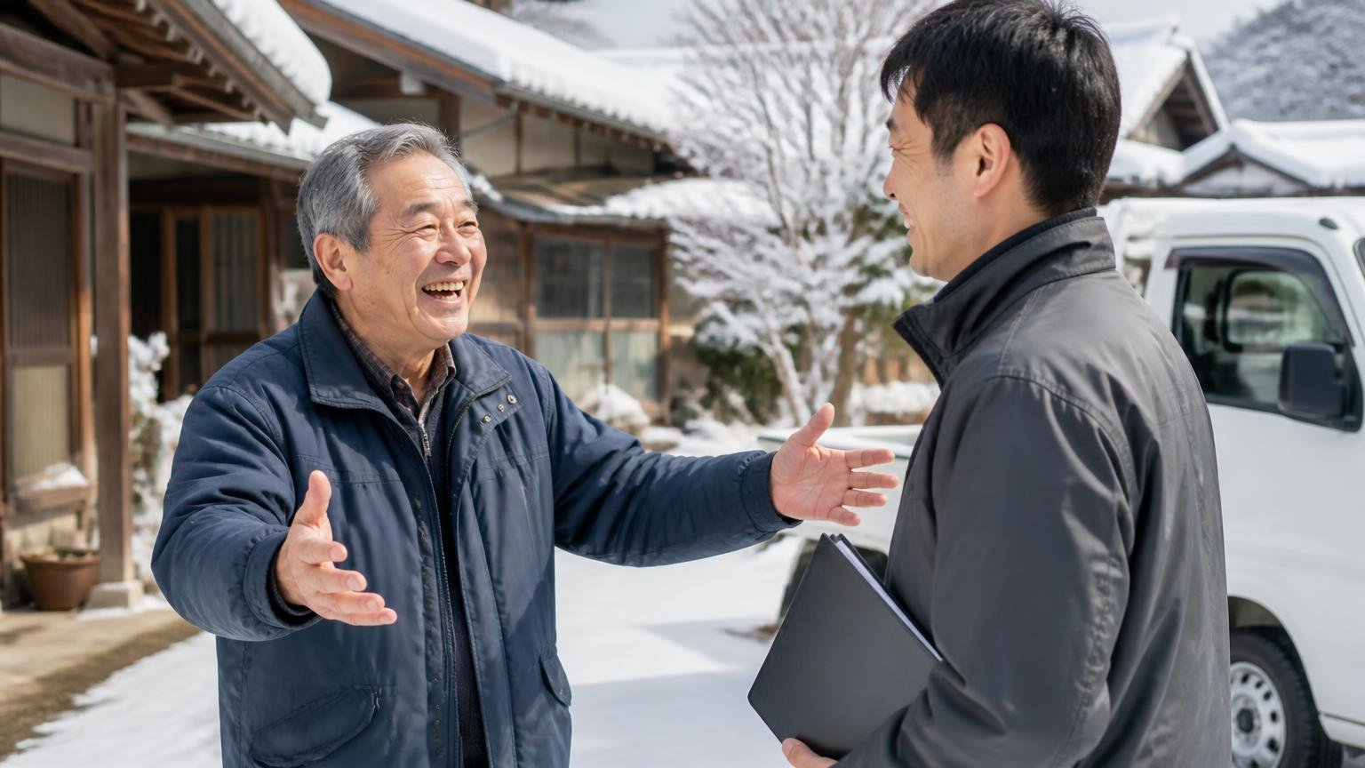 自分の地域まで無料で来てくれるか 雪の積もった農家の敷地で出張査定員を出迎えて喜ぶ年配の男性と査定員の2人
