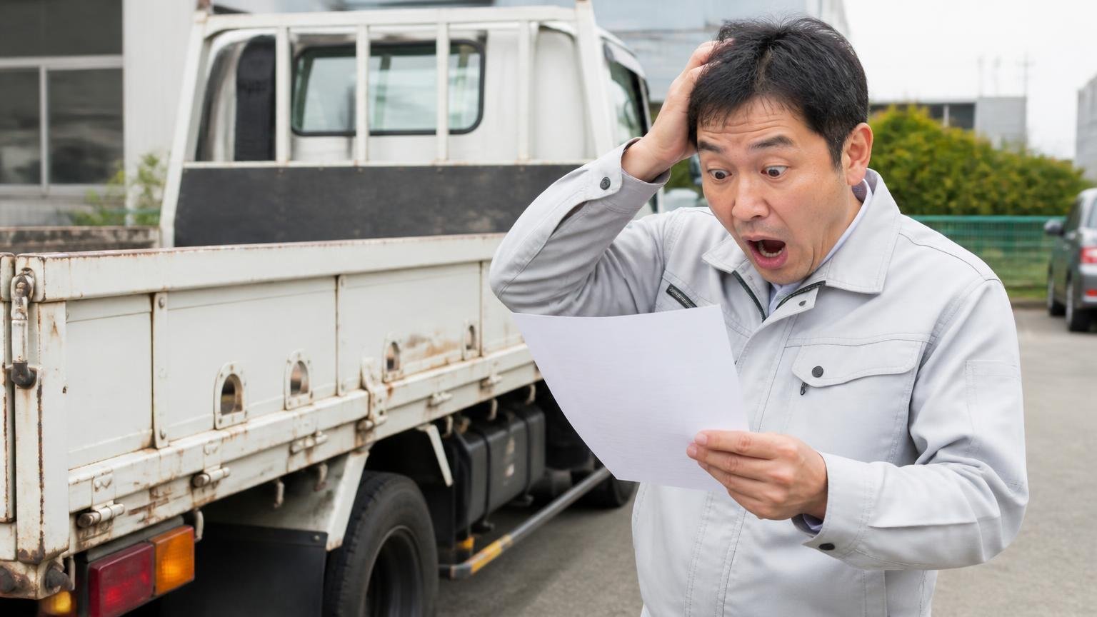 電話で聞いた金額より下がった仕組み、トラックの荷台まわりを確認する屋外で男性が見積書を見て驚く
