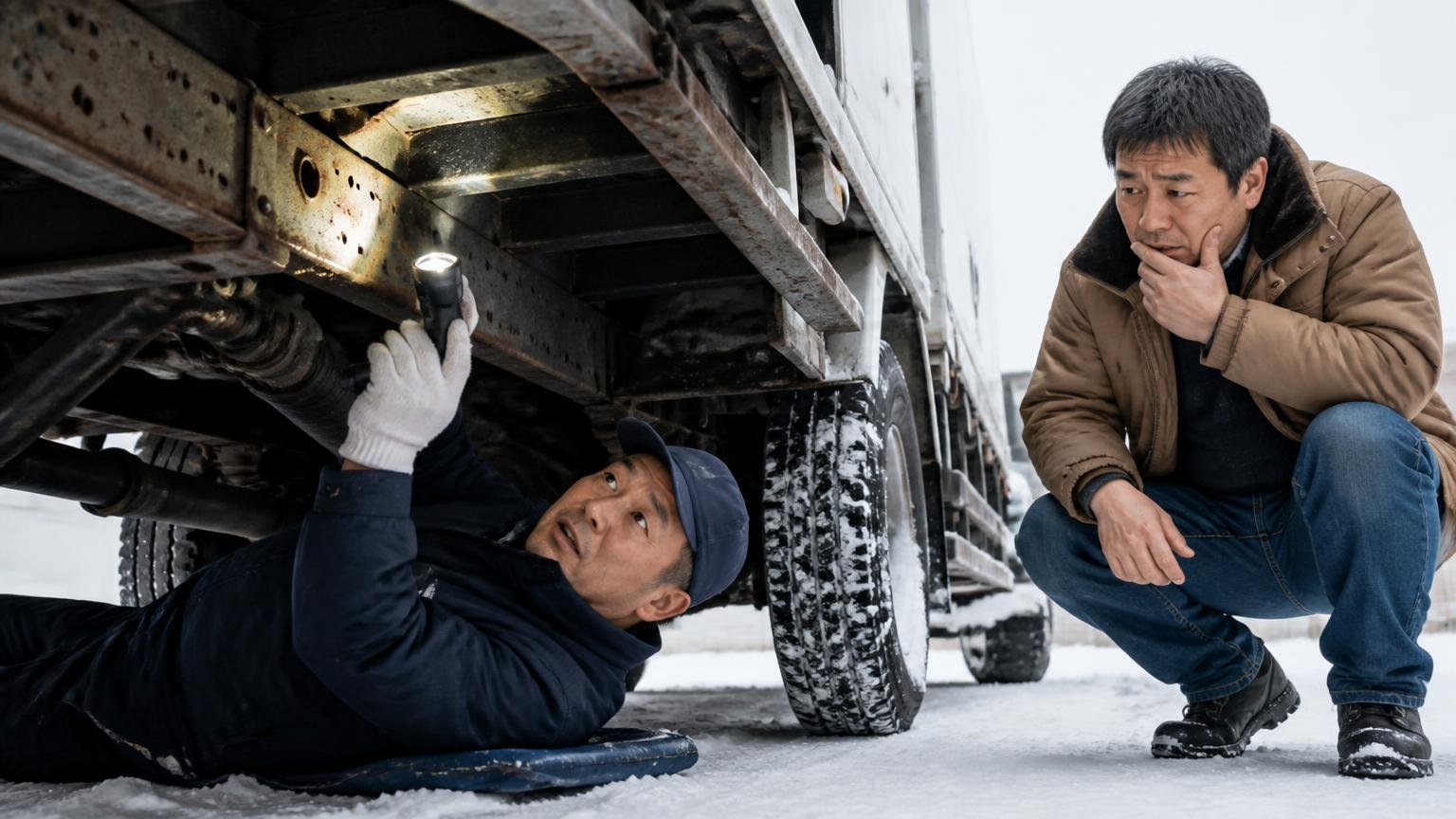 雪国のトラックは「下回りのサビ」を見られやすい｜雪の残る屋外でトラックの下にもぐり、懐中電灯でフレームのサビを確かめる査定員と心配顔の持ち主