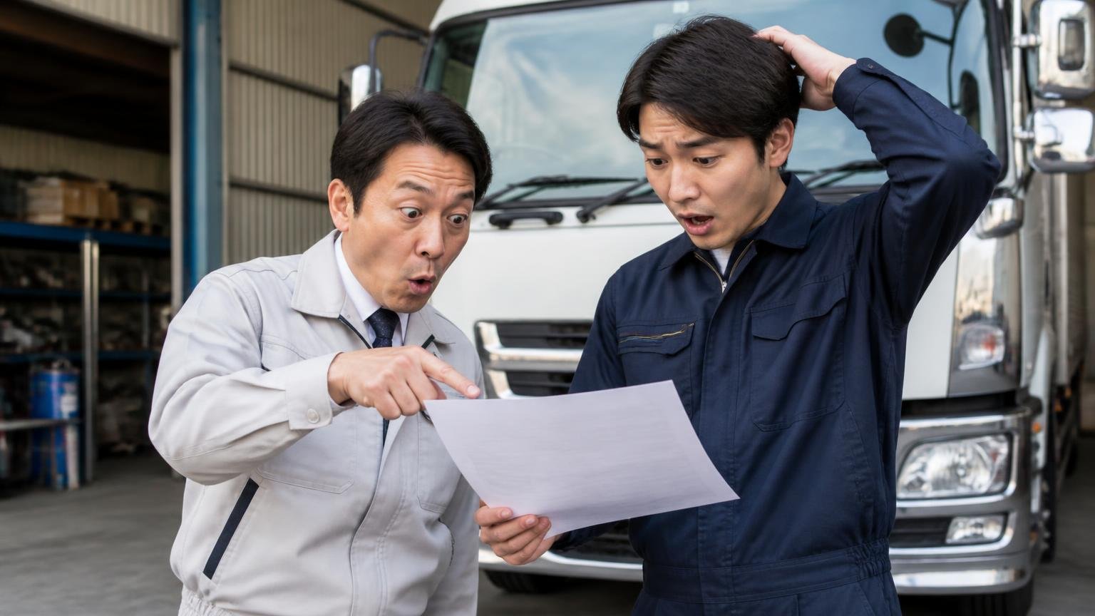 電話の概算は「仮の数字」|差し引きと減額の条件は先に書面で 車庫のトラック前で査定士と若い男性ドライバーが見積書を指さし驚く
