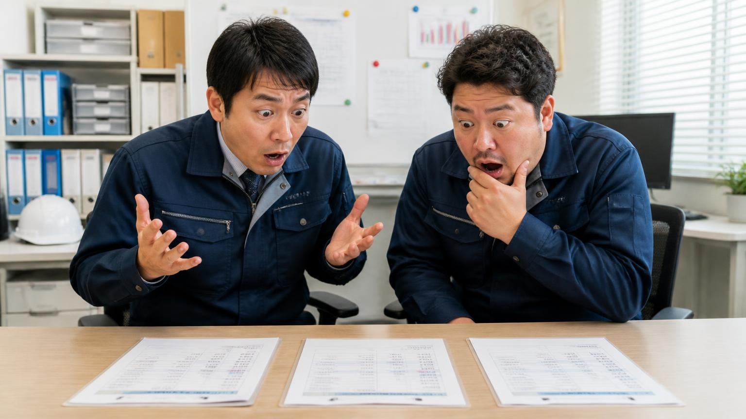同じトラックでも業者によって金額に大きな差がつく 事務所の机に3社の見積書を並べて金額の差に驚く運送会社の男性2人