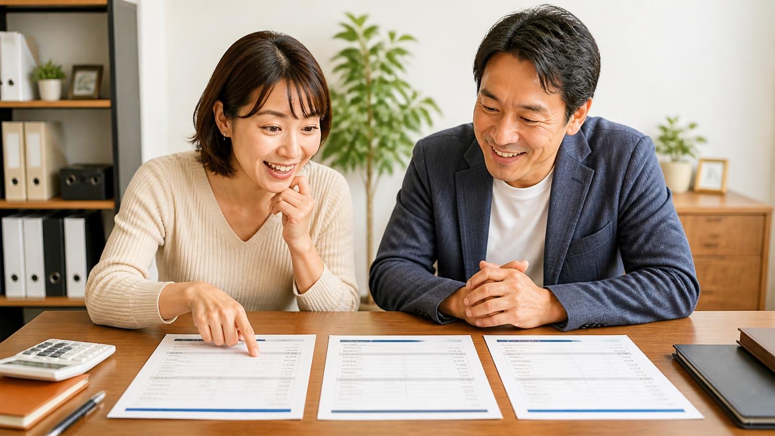 無料査定は2〜3社から取り書面の見積もりを横に並べる、事務所の机に3枚の見積書を並べて比べる30代女性と40代男性の笑顔