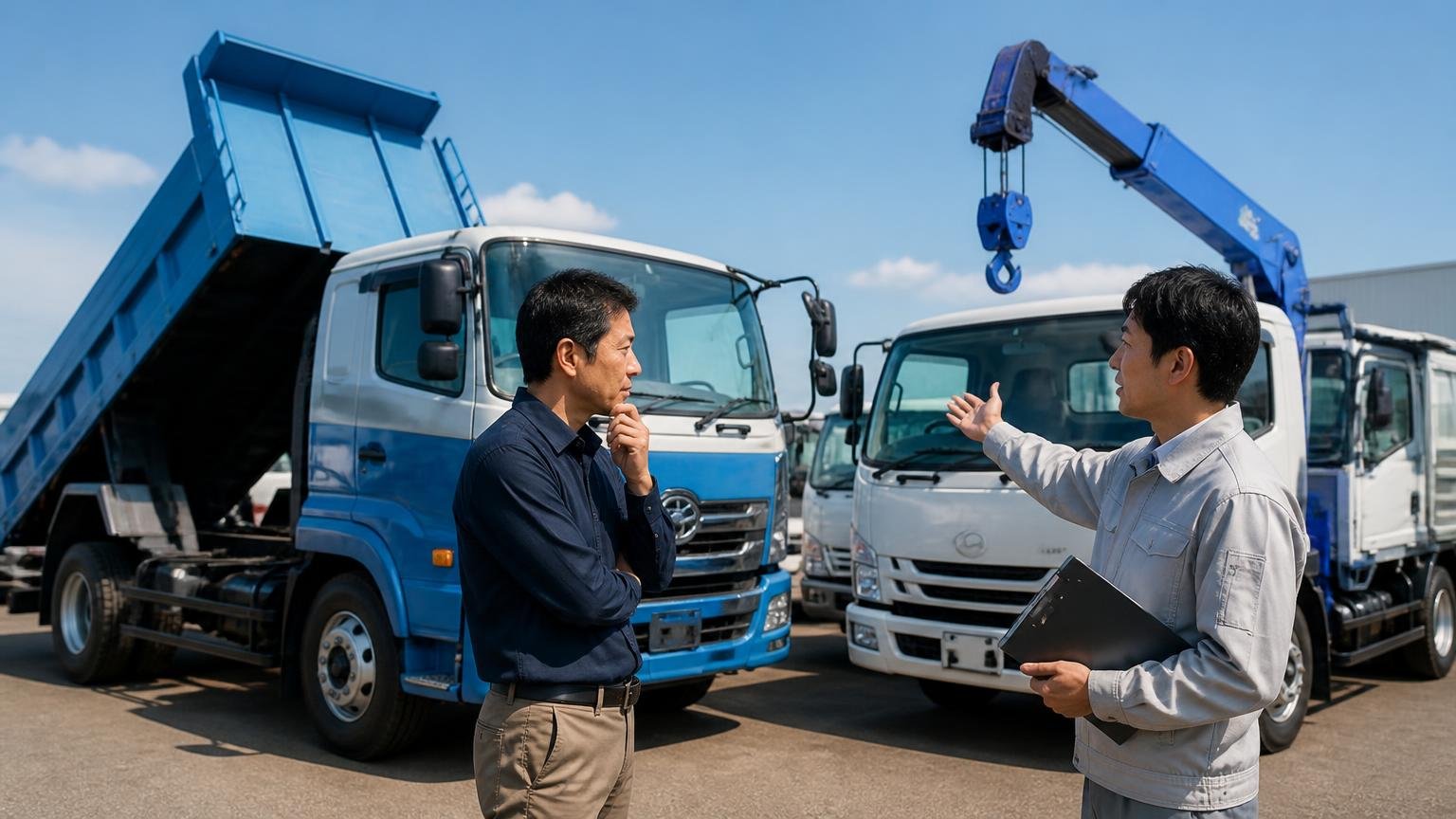 販路と得意分野で選ぶ(トラックの状態から逆引き)|中古トラックが並ぶ屋外展示場でダンプとクレーン車を見比べる40代男性と査定員