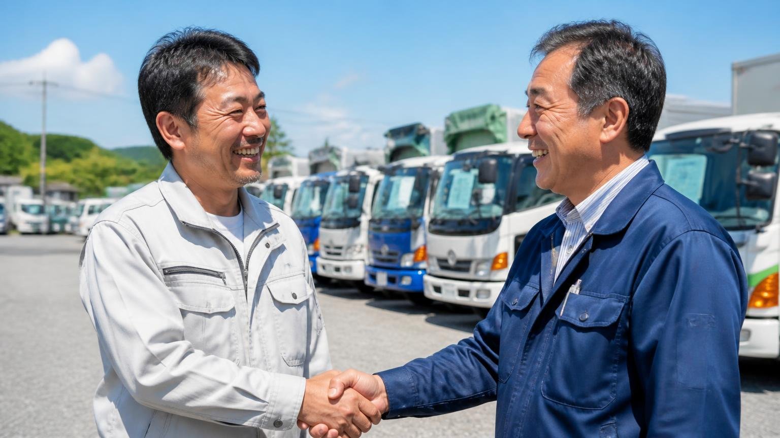 地場業者が向いている人。宇都宮の中古トラック展示場で店主と握手し笑顔で話し込む作業着姿の中年男性