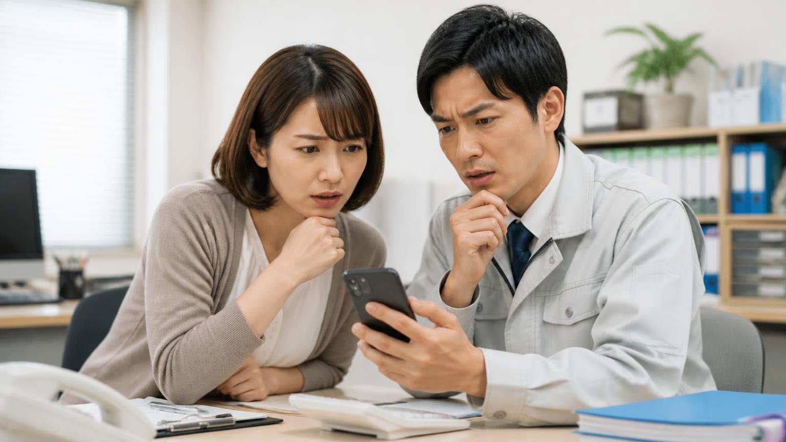 口コミは「誰が書いたか」を確かめてから読む 事務所でスマホのトラック販売店レビューを見て首をかしげる女性事務員と男性