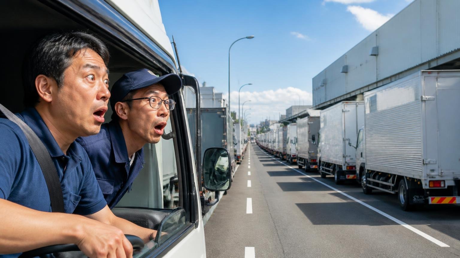 県内の貨物車は約33万台、さいたま市・川口市と県南東部に集まっている 物流倉庫前の道路に並ぶトラックを見て驚くドライバー2人