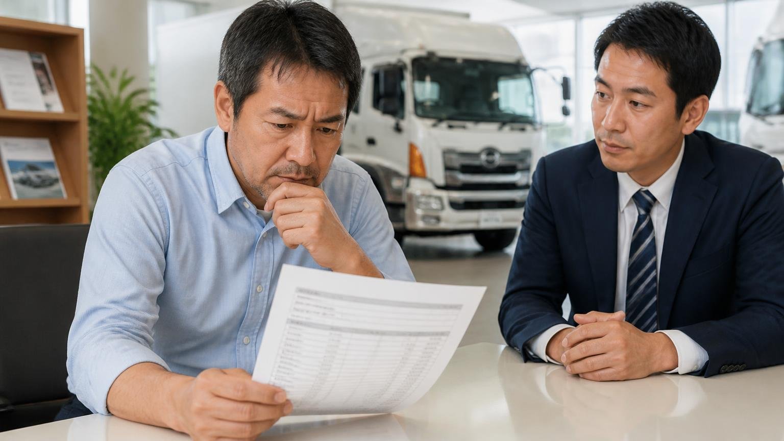 ディーラー下取りの金額だけで決めてしまう、新車トラックの商談スペースで下取り査定書を見つめて考え込む中年の男性とその横で見守る営業担当の2人