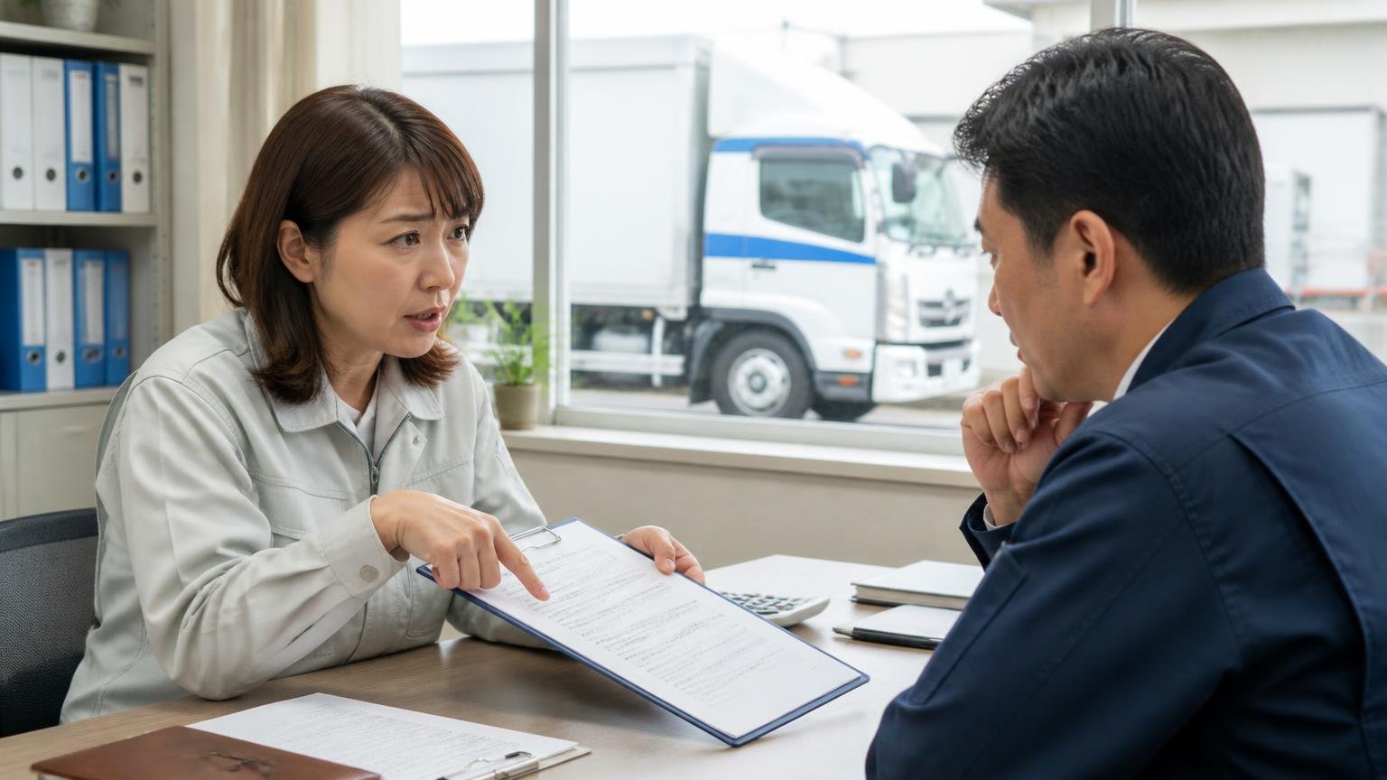 契約後の減額に応じる必要はない 事務所で買取契約書を指さしながら査定員に質問する運送会社の女性事務員と査定員の2人 窓の外にトラック