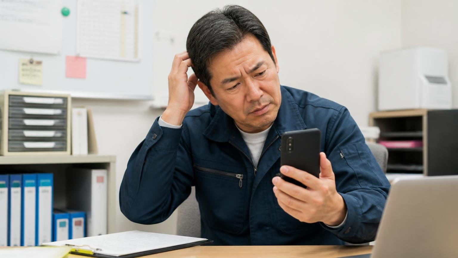 電話やネットの概算は「現車を見ていない目安」と考える、事務所でスマホに表示された概算金額を見て首をかしげる40代男性ドライバー
