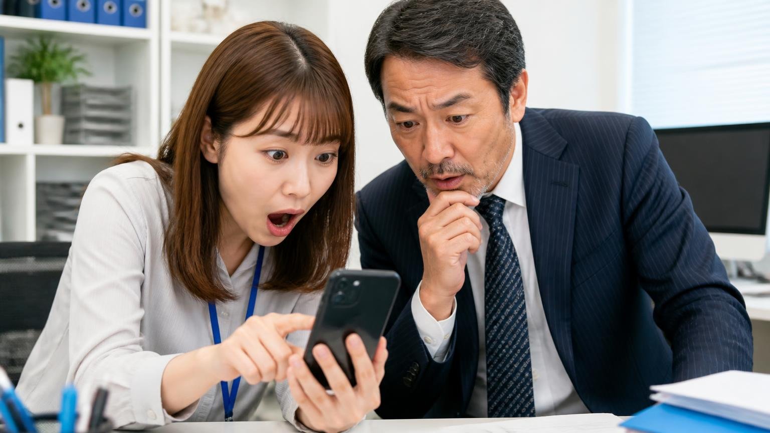 口コミの★は「売った人」と「買った人」で分けて読む｜事務所でスマホの口コミ画面を見比べる女性事務員と男性社長の2人