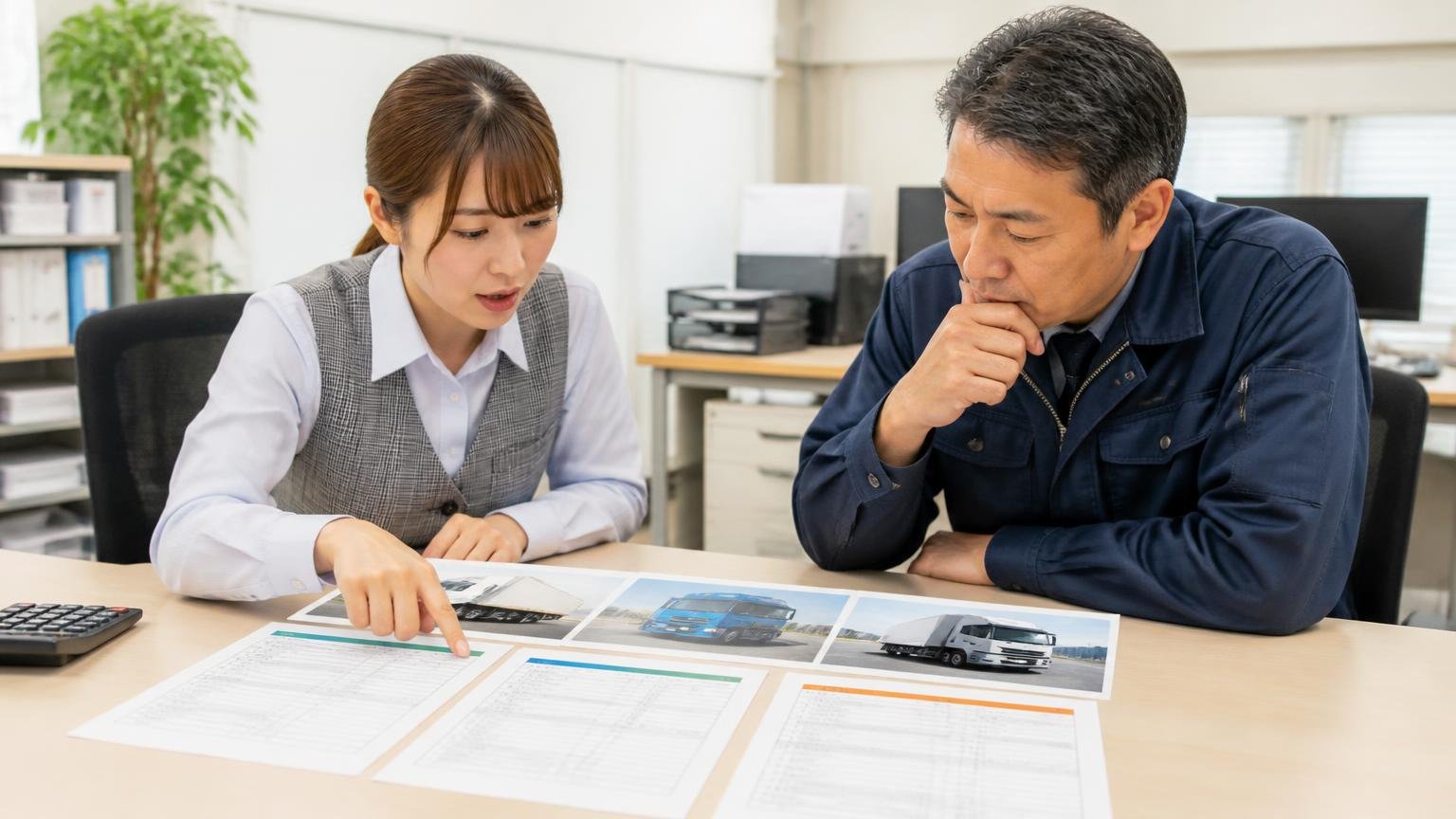 無料査定は地元1社と全国対応1〜2社で取る、事務所で3枚の見積書をトラックの写真と並べて比べる女性事務員と社長