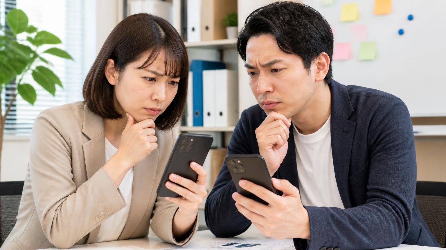 口コミの★は「売った人」と「買った人」で分けて読む|事務所でスマホの口コミ画面を見比べて首をかしげる女性1人と男性1人