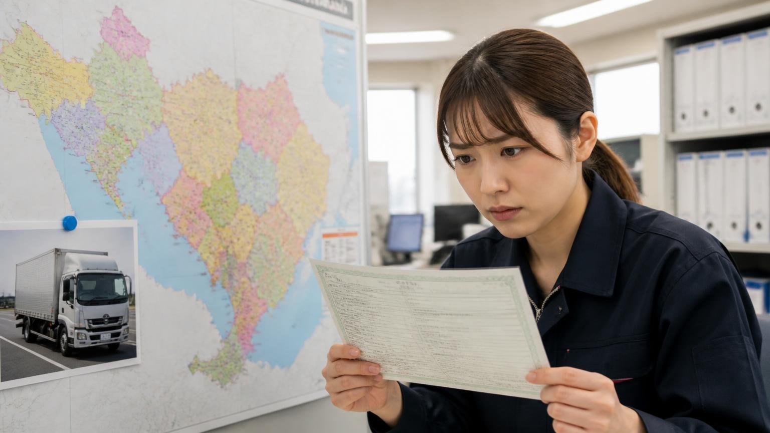 名古屋市を含む県内47市町村が対策地域 運送会社の事務所で愛知県の地図とトラックの車検証を見比べる女性事務員