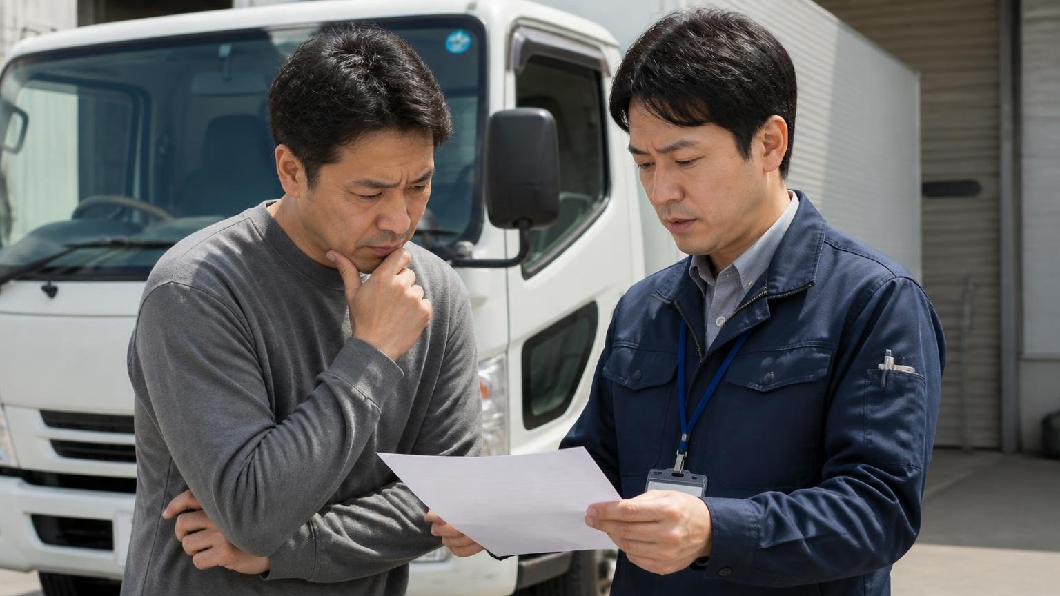 電話で聞いた金額は現車を見る前の数字、減額の条件を書面で確認する(車庫の4tトラックの前で査定担当者から書面を受け取り読み込む男性2人)