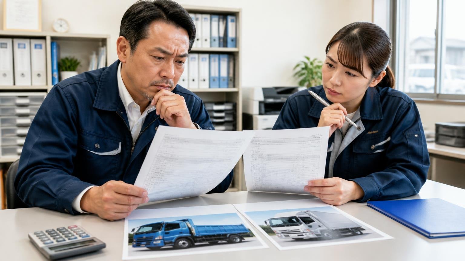 地場の業者と全国対応の業者は得意なことが違う|営業所の事務所で2社の見積書をトラックの写真と並べて見比べる社長と事務員の2人