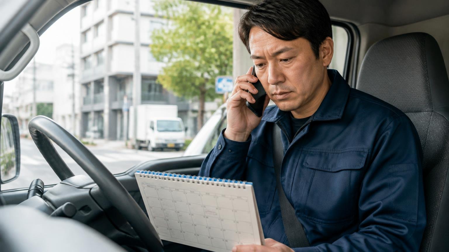 営業日と連絡の窓口を先に確かめる 配送の合間に運転席でカレンダーとスマホを見比べて電話をかける男性ドライバー