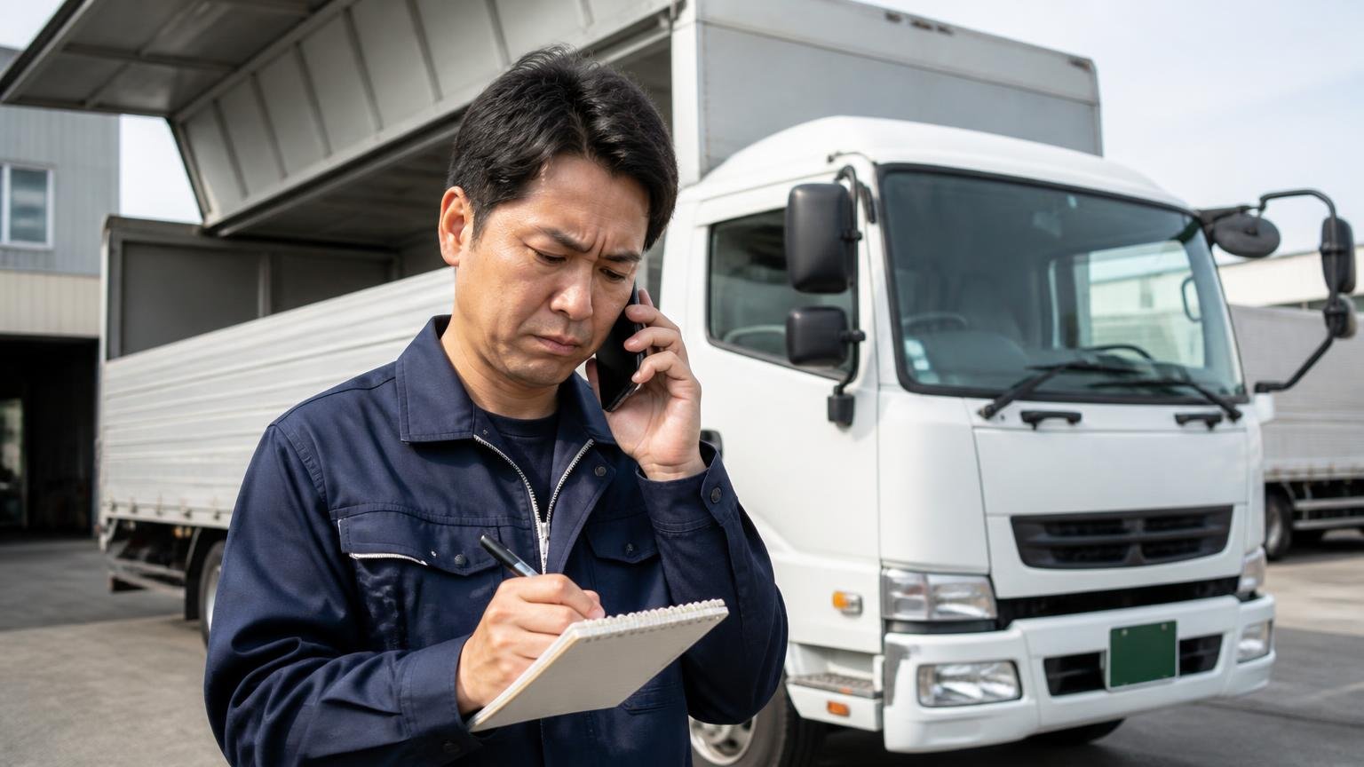 電話の概算は何込みの金額か先に聞く、営業所の車庫の4tウイングの前でスマホを耳に当てた男性がメモを取り眉をひそめる