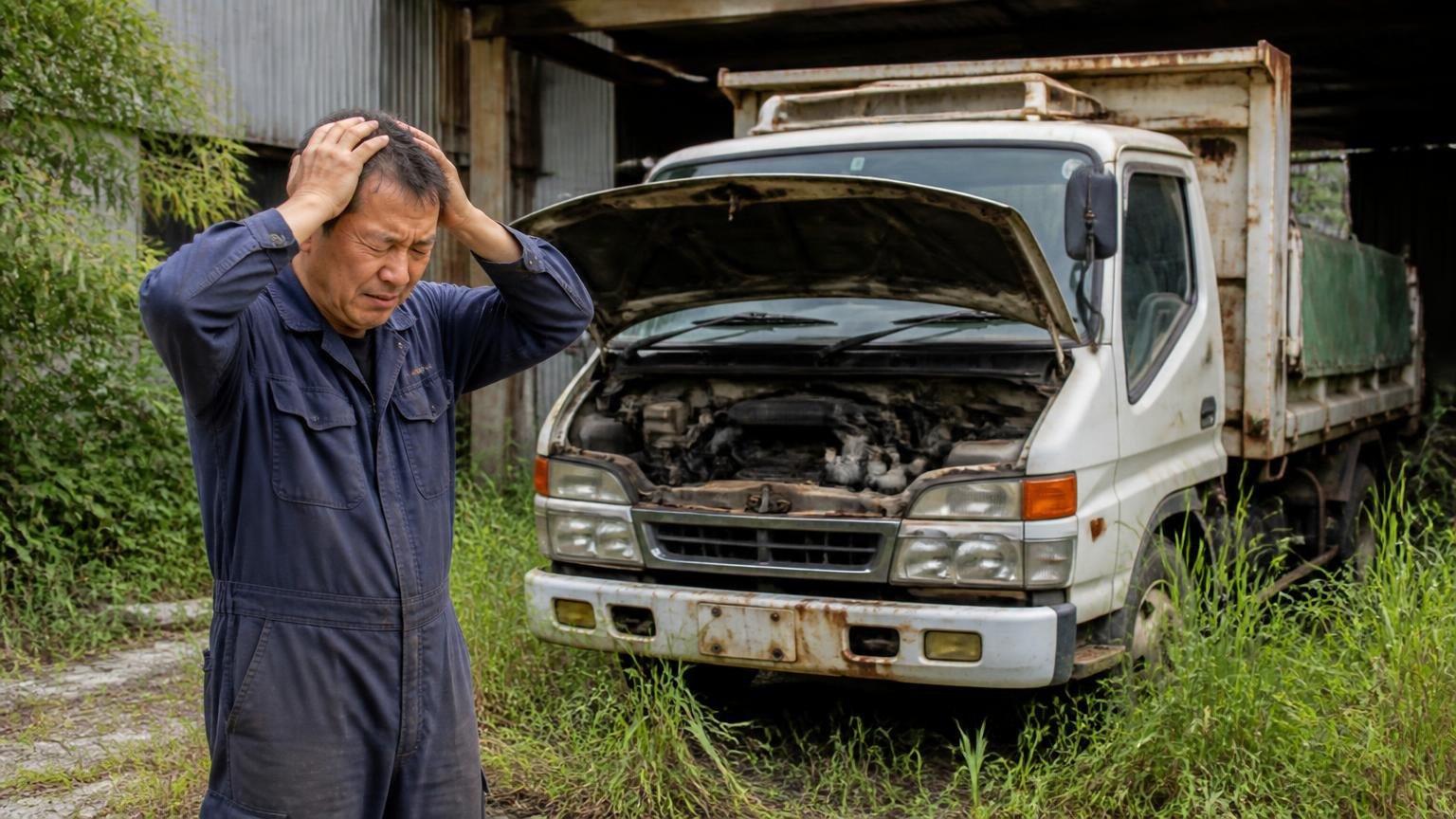 故障車・車検切れ・動かないトラックを売りたい 草の伸びた車庫の奥で、ボンネットを開けた古いトラックを見て頭を抱える男性