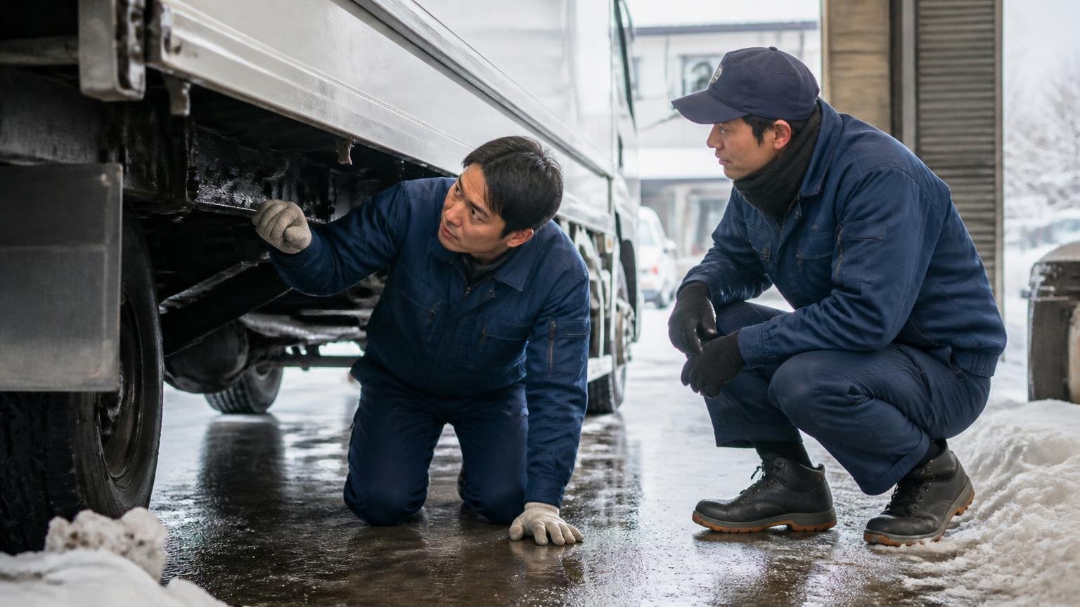 南部・京都市内・北部で査定の段取りを変える、雪の残る車庫でトラックの下回りをのぞき込む作業着の男性2人