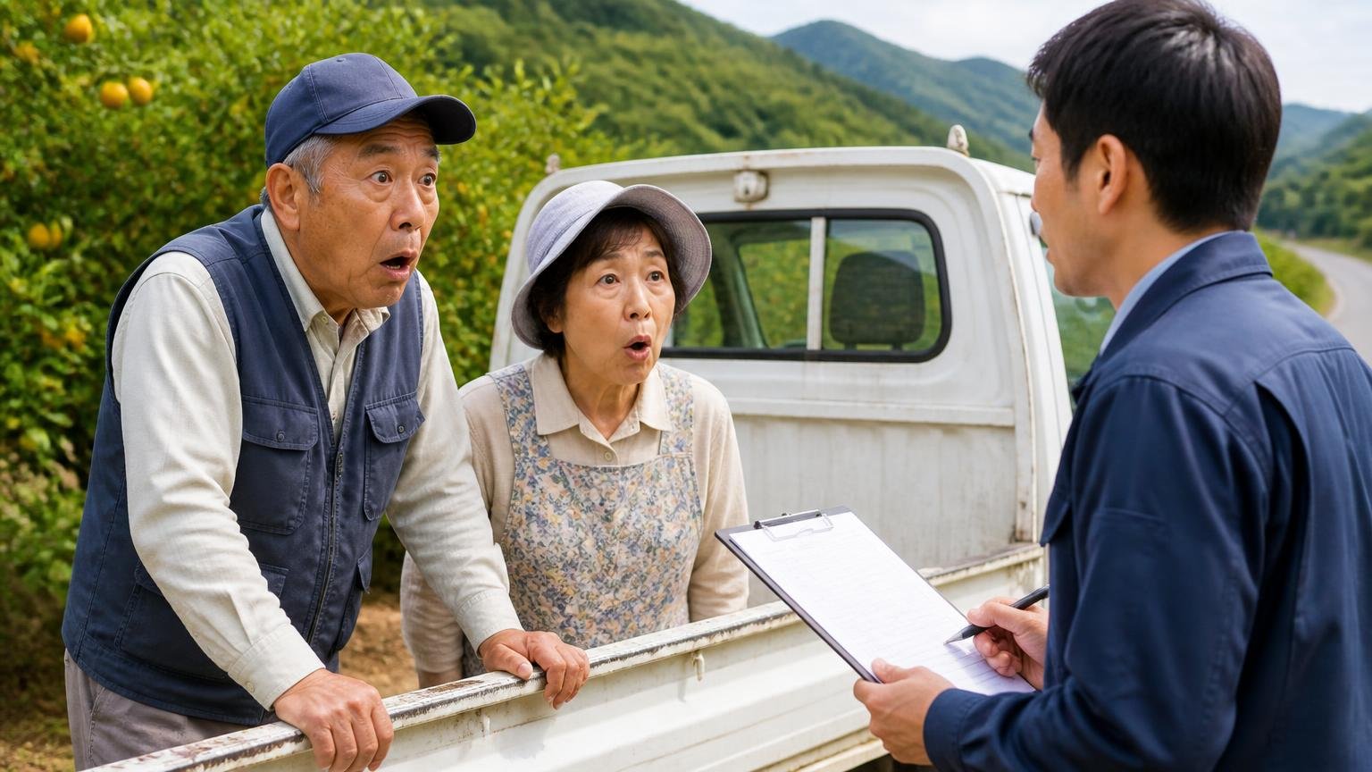 和歌山の軽トラ|みかん畑の脇に停めた古い軽トラの荷台に手をかけて査定員の話に目を丸くする高齢の農家夫婦