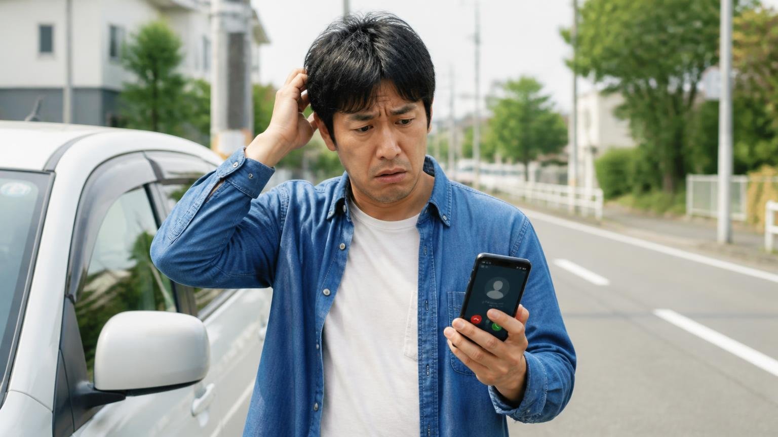 一括査定は電話がしつこいという悪評との違い 配送先の路肩でスマホの着信画面を見て困惑する男性1人
